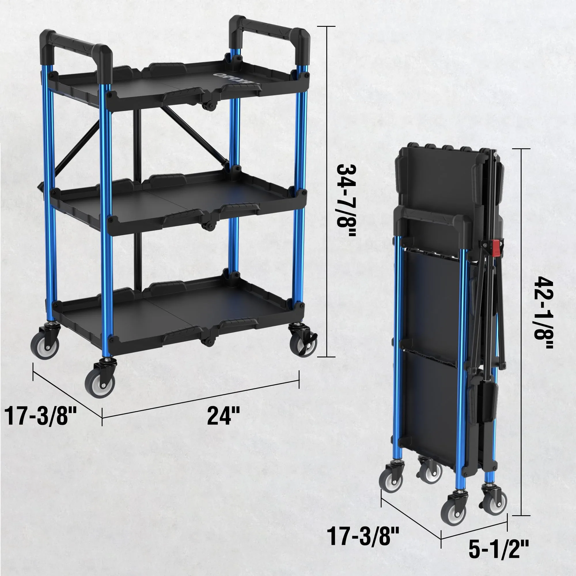 WORKPRO 3-Tier Collapsible Service Cart, 210 LBS Foldable Utility Service Cart with Wheels, Portable Tool Cart for Garage, Warehouse, Home, Restaurant, Office (No Assembly Required)