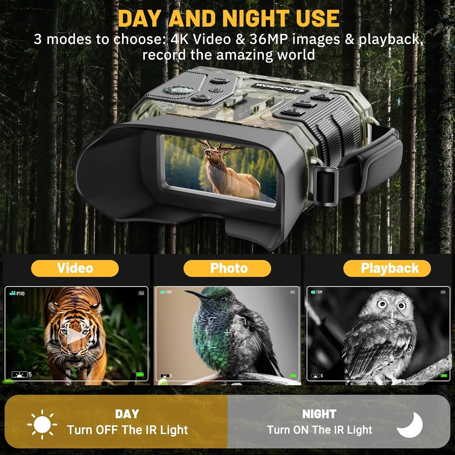 WOSPORTS Night Vision Goggles for Adults – 4K Binoculars with 48MP Photo, 1300ft Infrared Scope, 10X Optical Zoom, Digital Zoom Camera, NVG for Hunting, Campin,g Wildlife Travel – Gifts for Men