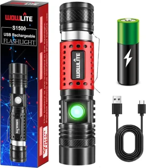wowlite Flashlight Rechargeable, Super Bright Pocket LED Flashlights with Adjustable Brightness, Zoomable High Lumens Small Flash Light, Long Lasting for Outdoor Camping Home Emergency (Red)