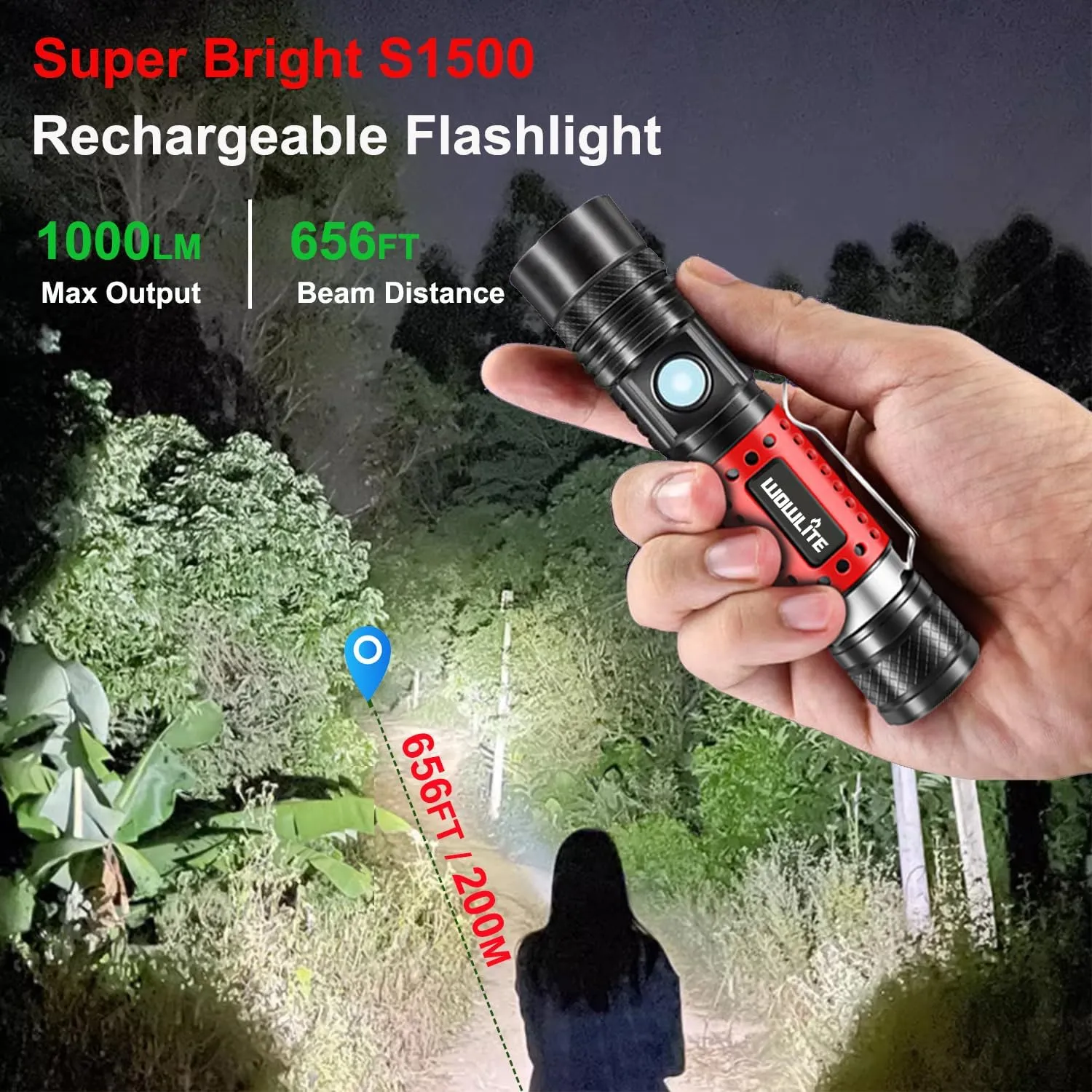 wowlite Flashlight Rechargeable, Super Bright Pocket LED Flashlights with Adjustable Brightness, Zoomable High Lumens Small Flash Light, Long Lasting for Outdoor Camping Home Emergency (Red)
