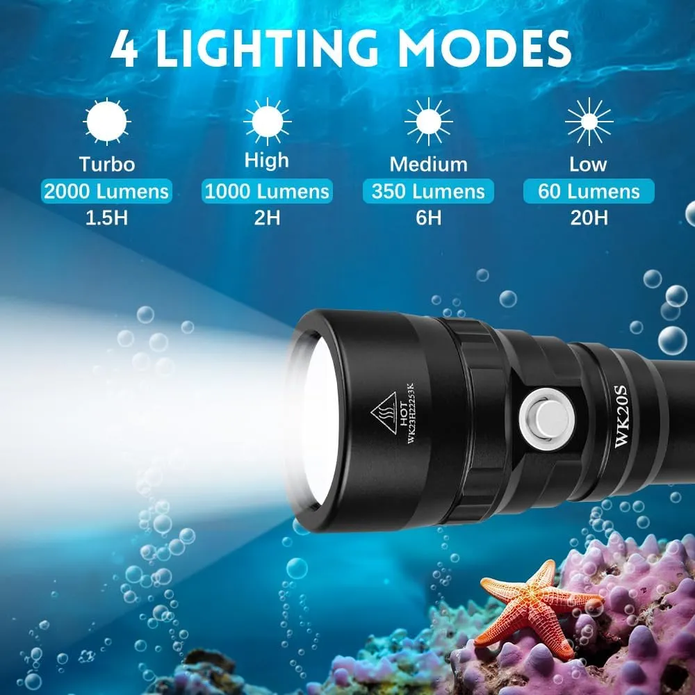 Wurkkos Scuba Diving Flashlight,2000 Lumen Dive Flashlight 363M Long Range SST40 LED 90CRI 5000K IPX8 Waterproof Underwater Torch Professional Snorkeling Light for Under Water Deep Sea Cave