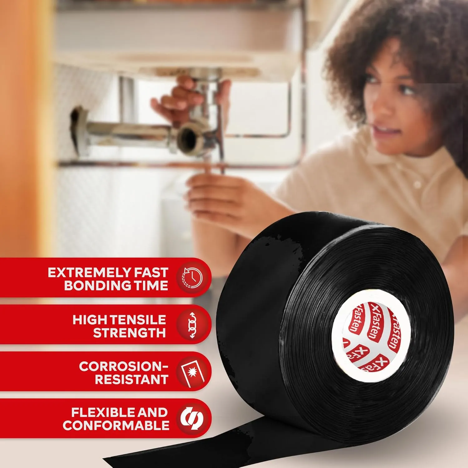 XFasten Self Fusing Silicone Tape Waterproof – 1" x 36 Feet Black, Self Amalgamating Tape, Silicone Rubber for Plumbing, Sealing Pipes, Hose Repair, Outdoor Coax and Electrical Cables – Weatherproof