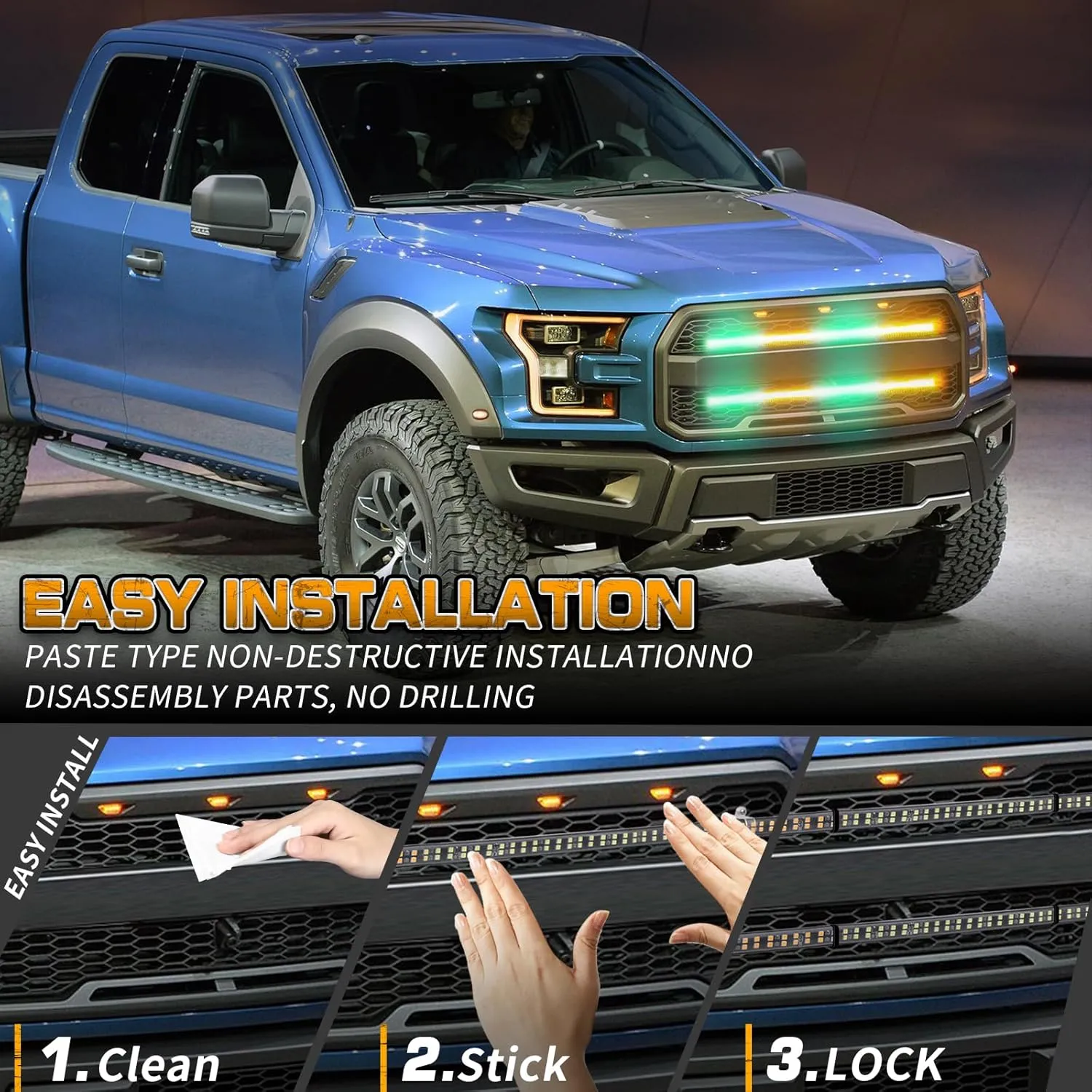 XRIDONSEN 2PCS 24 inch Truck Grill Emergency Lights Strip 288 LED Amber Green Grille Strobe Lights Flashing Warning Safety Waterproof First Responder Lights for Plow Trucks Construction Vehicles