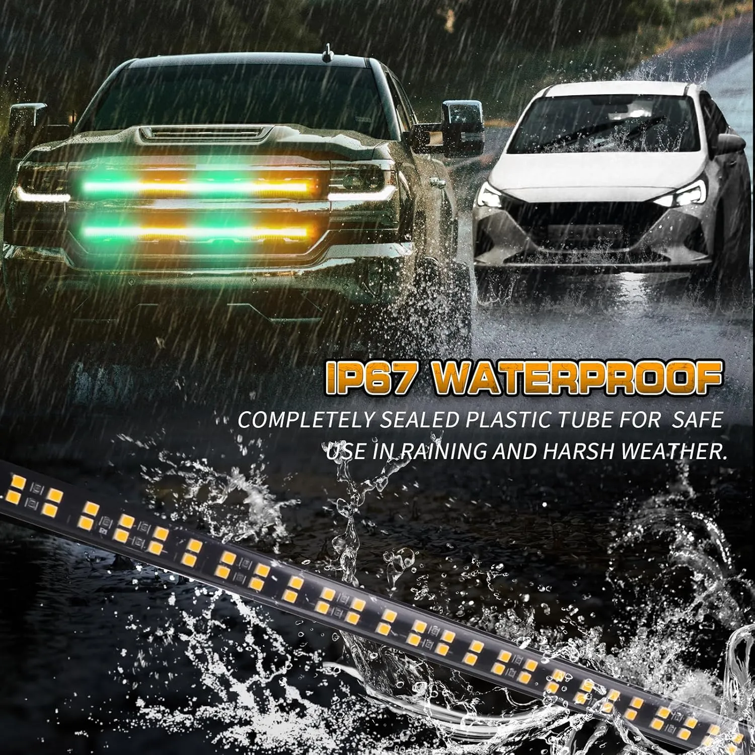 XRIDONSEN 2PCS 24 inch Truck Grill Emergency Lights Strip 288 LED Amber Green Grille Strobe Lights Flashing Warning Safety Waterproof First Responder Lights for Plow Trucks Construction Vehicles