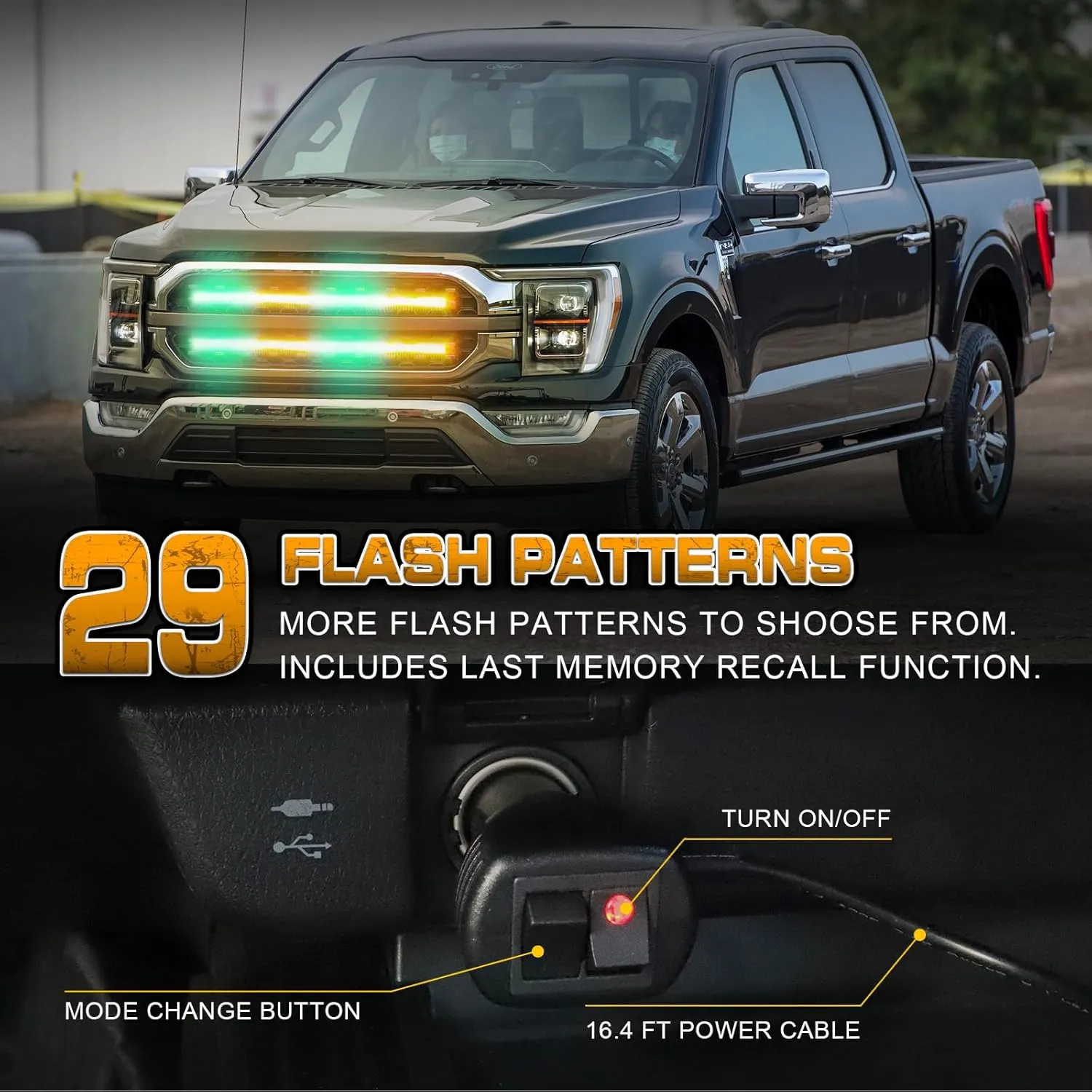 XRIDONSEN 2PCS 24 inch Truck Grill Emergency Lights Strip 288 LED Amber Green Grille Strobe Lights Flashing Warning Safety Waterproof First Responder Lights for Plow Trucks Construction Vehicles