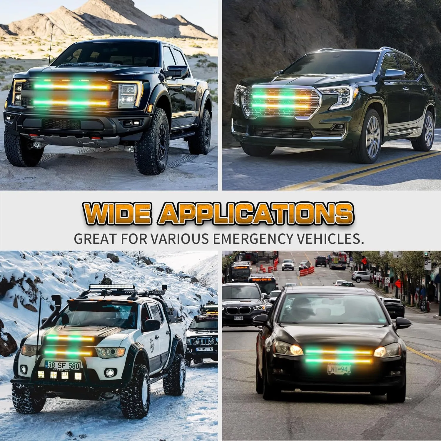 XRIDONSEN 2PCS 24 inch Truck Grill Emergency Lights Strip 288 LED Amber Green Grille Strobe Lights Flashing Warning Safety Waterproof First Responder Lights for Plow Trucks Construction Vehicles