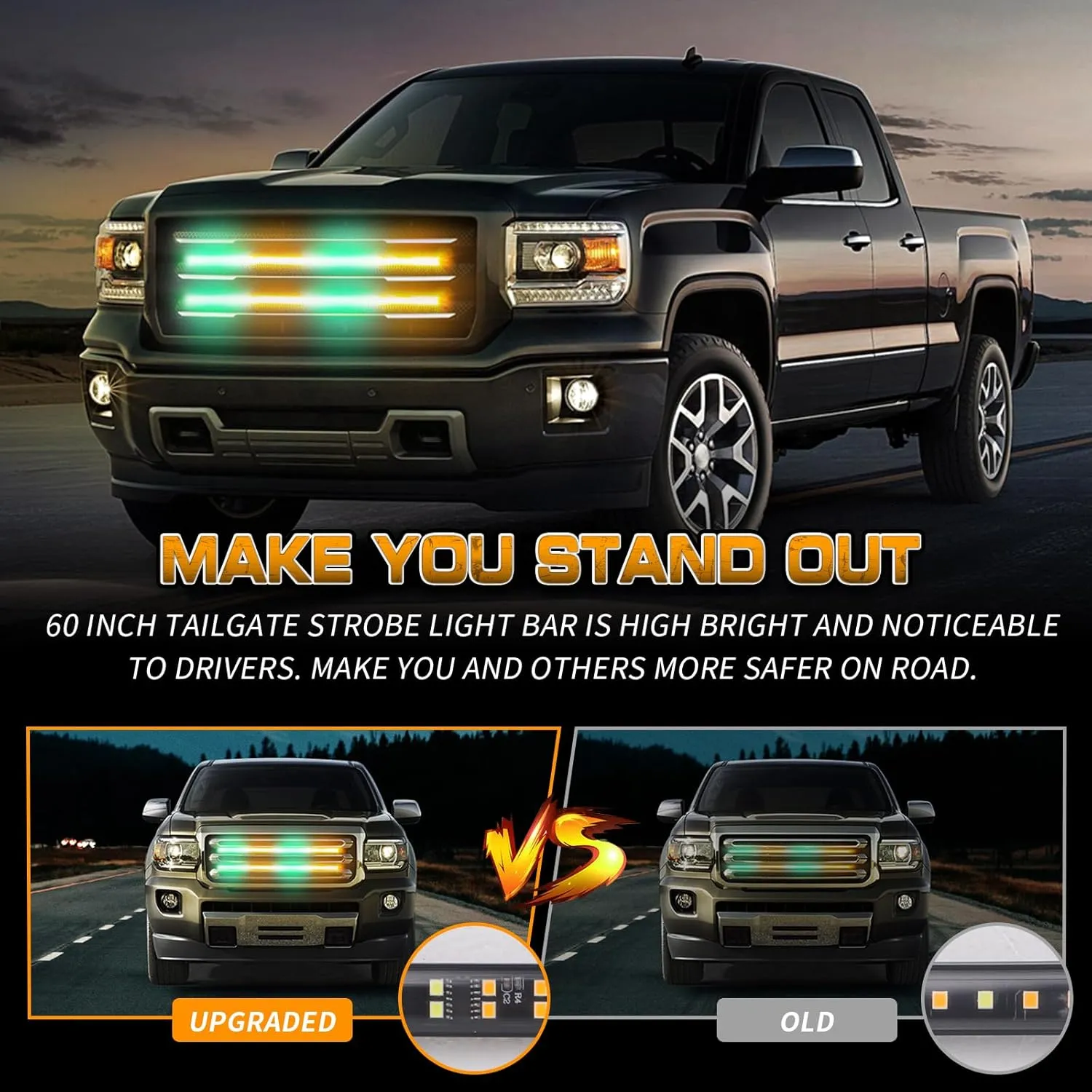 XRIDONSEN 2PCS 24 inch Truck Grill Emergency Lights Strip 288 LED Amber Green Grille Strobe Lights Flashing Warning Safety Waterproof First Responder Lights for Plow Trucks Construction Vehicles