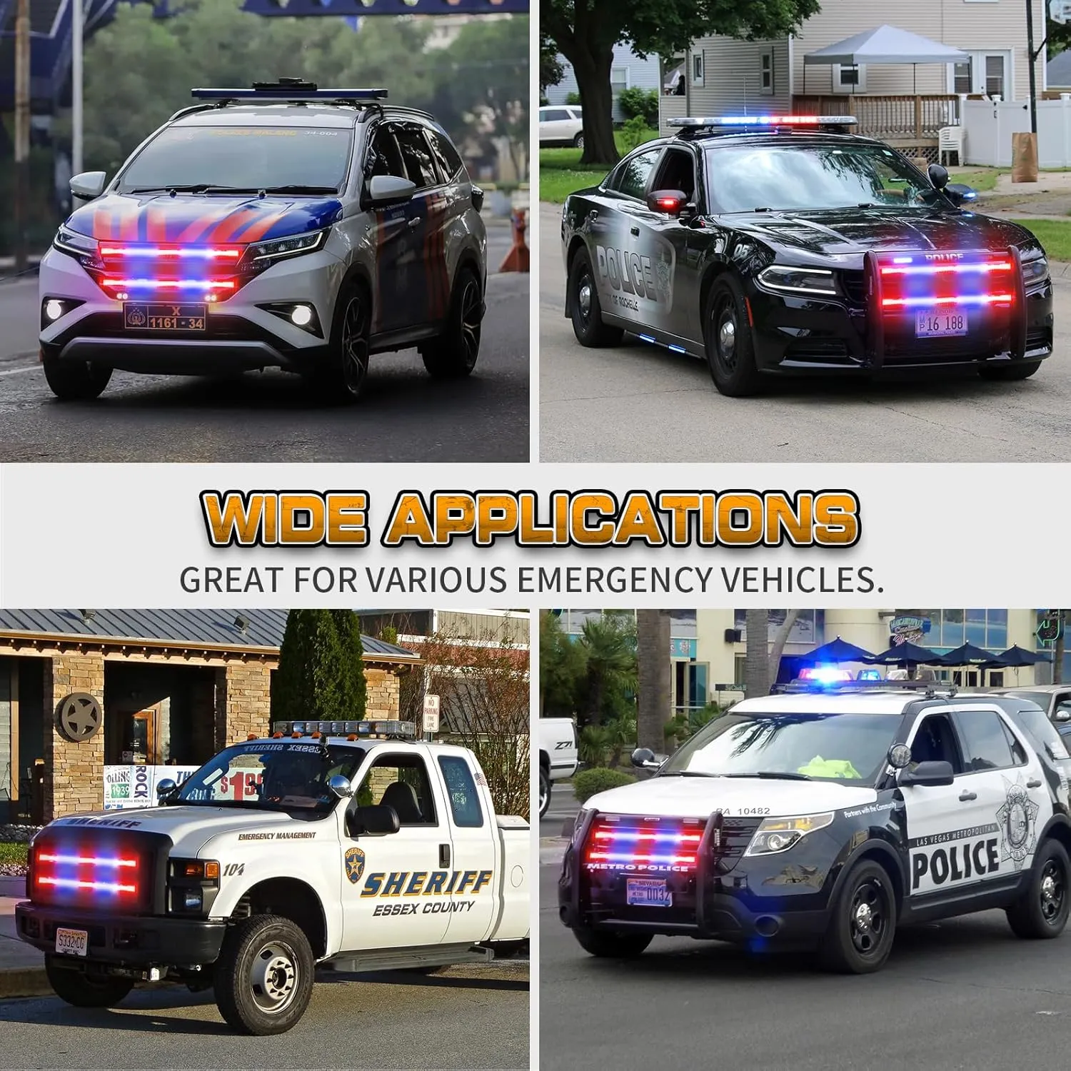 XRIDONSEN 2PCS 30 inch Truck Grill Police Lights Strip 360 LED Red Blue Emergency Strobe Lights Flashing Warning Hazard Caution Safety Grille w/Waterproof Flexible Tube for Vehicles Trucks Pickup Car