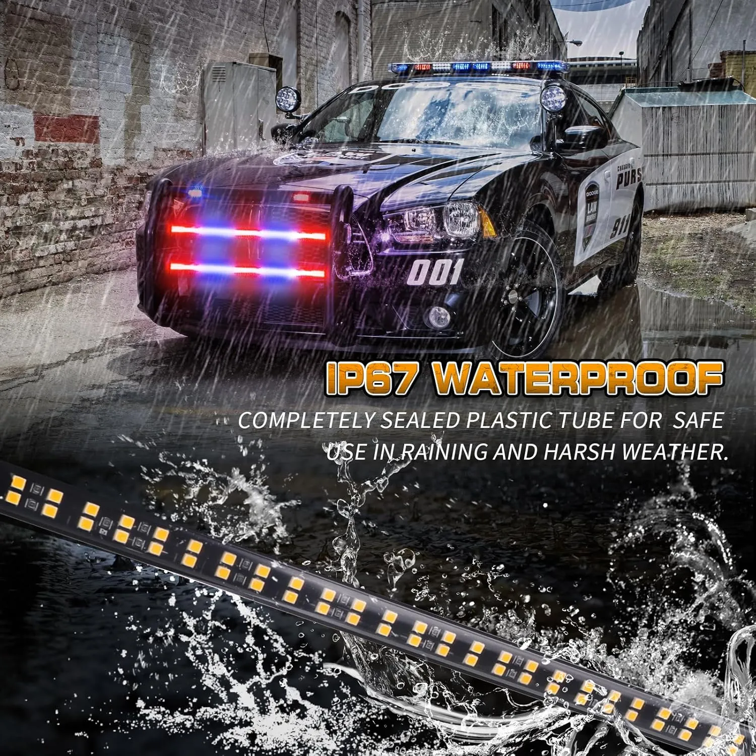 XRIDONSEN 2PCS 30 inch Truck Grill Police Lights Strip 360 LED Red Blue Emergency Strobe Lights Flashing Warning Hazard Caution Safety Grille w/Waterproof Flexible Tube for Vehicles Trucks Pickup Car
