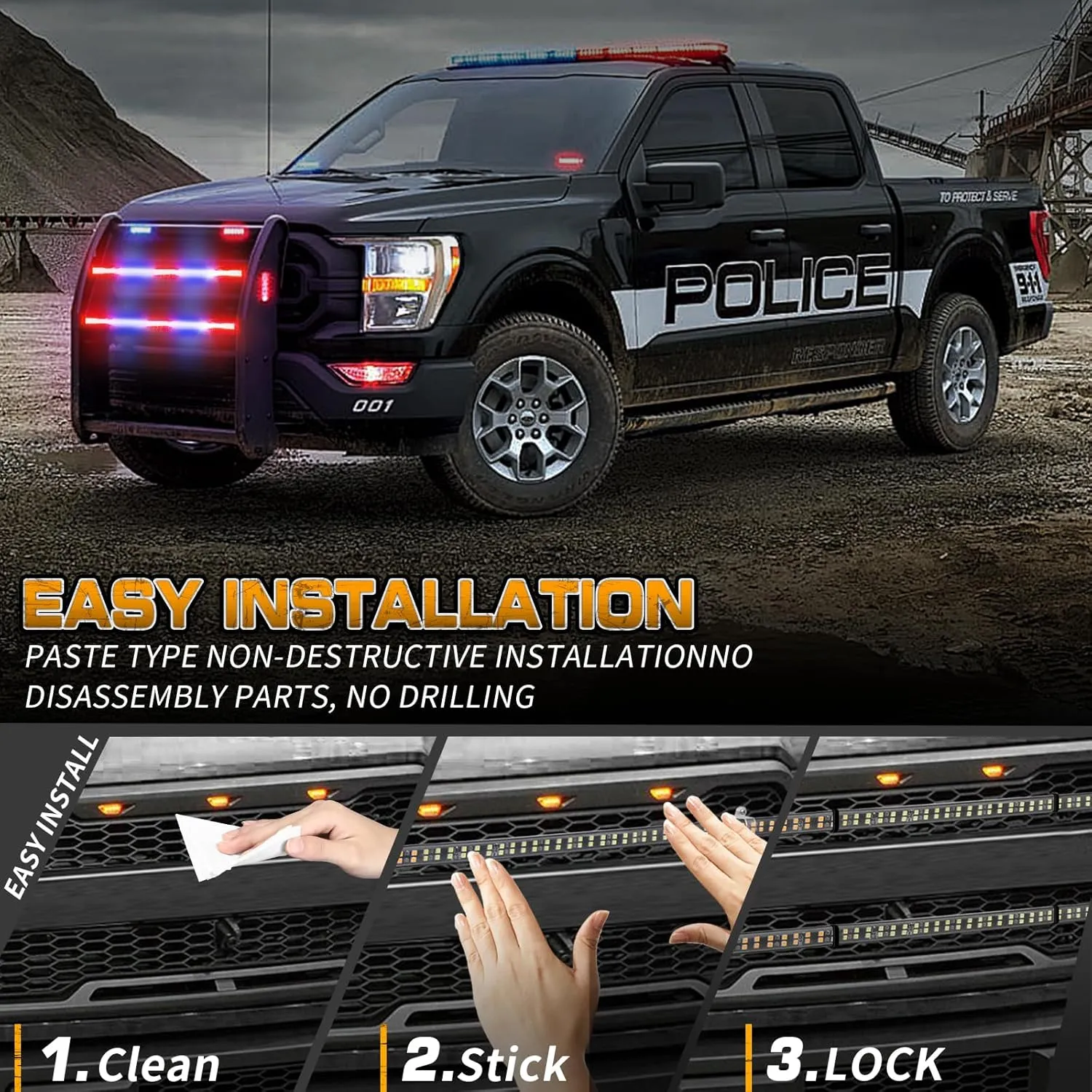 XRIDONSEN 2PCS 30 inch Truck Grill Police Lights Strip 360 LED Red Blue Emergency Strobe Lights Flashing Warning Hazard Caution Safety Grille w/Waterproof Flexible Tube for Vehicles Trucks Pickup Car