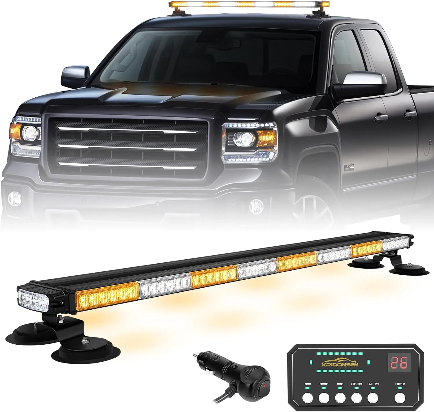 XRIDONSEN 37" 104 LED Roof Top Strobe Light Bar Amber White Emergency Traffic Advisor Lights Double Side Warning Safety Flashing w/Magnetic Mount for Construction Vehicles Plow Trucks Pickup Wrecker