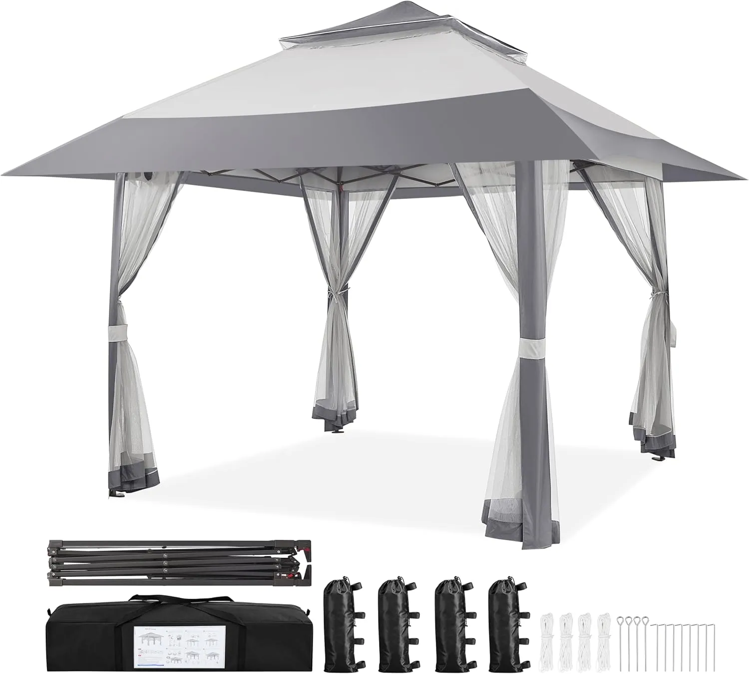 Yaheetech 13x13 Pop Up Gazebo Outdoor Canopy Shelter, Instant Patio Gazebo Sun Shade Canopy Tent with 4 Sandbags, Double Tiers & Mesh Netting for Lawn, Garden, Backyard & Deck, Gray