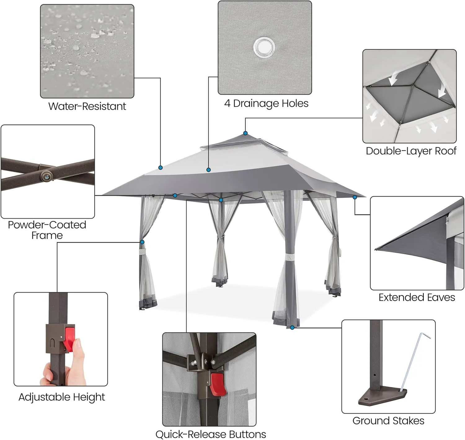 Yaheetech 13x13 Pop Up Gazebo Outdoor Canopy Shelter, Instant Patio Gazebo Sun Shade Canopy Tent with 4 Sandbags, Double Tiers & Mesh Netting for Lawn, Garden, Backyard & Deck, Gray