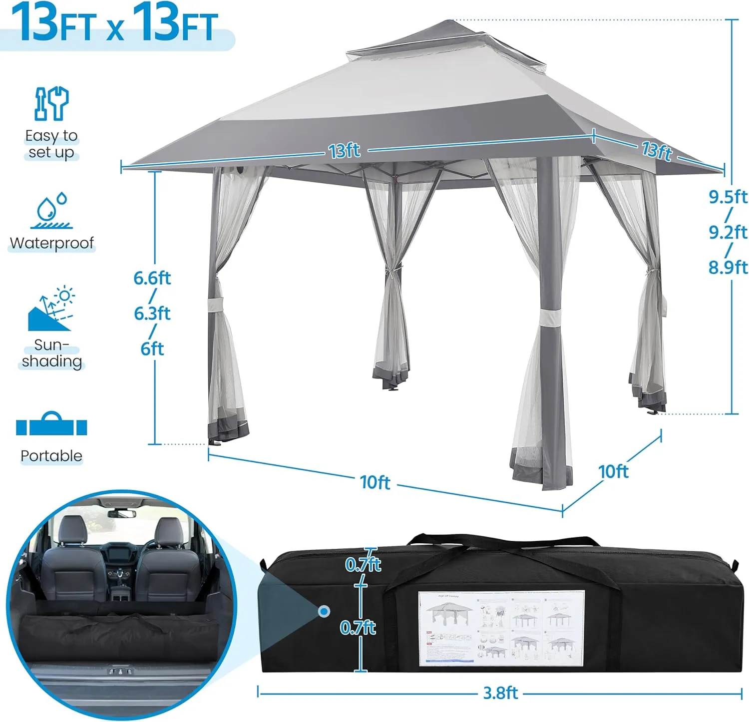 Yaheetech 13x13 Pop Up Gazebo Outdoor Canopy Shelter, Instant Patio Gazebo Sun Shade Canopy Tent with 4 Sandbags, Double Tiers & Mesh Netting for Lawn, Garden, Backyard & Deck, Gray