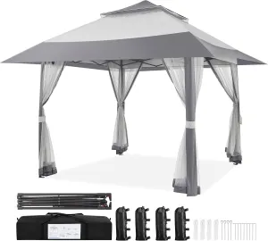 Yaheetech 13x13 Pop Up Gazebo Outdoor Canopy Shelter, Instant Patio Gazebo Sun Shade Canopy Tent with 4 Sandbags, Double Tiers & Mesh Netting for Lawn, Garden, Backyard & Deck, Gray