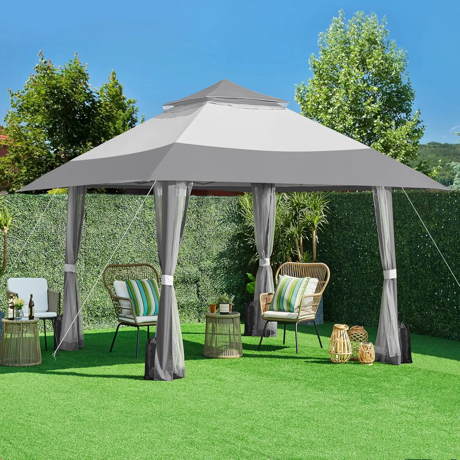 Yaheetech 13x13 Pop Up Gazebo Outdoor Canopy Shelter, Instant Patio Gazebo Sun Shade Canopy Tent with 4 Sandbags, Double Tiers & Mesh Netting for Lawn, Garden, Backyard & Deck, Gray