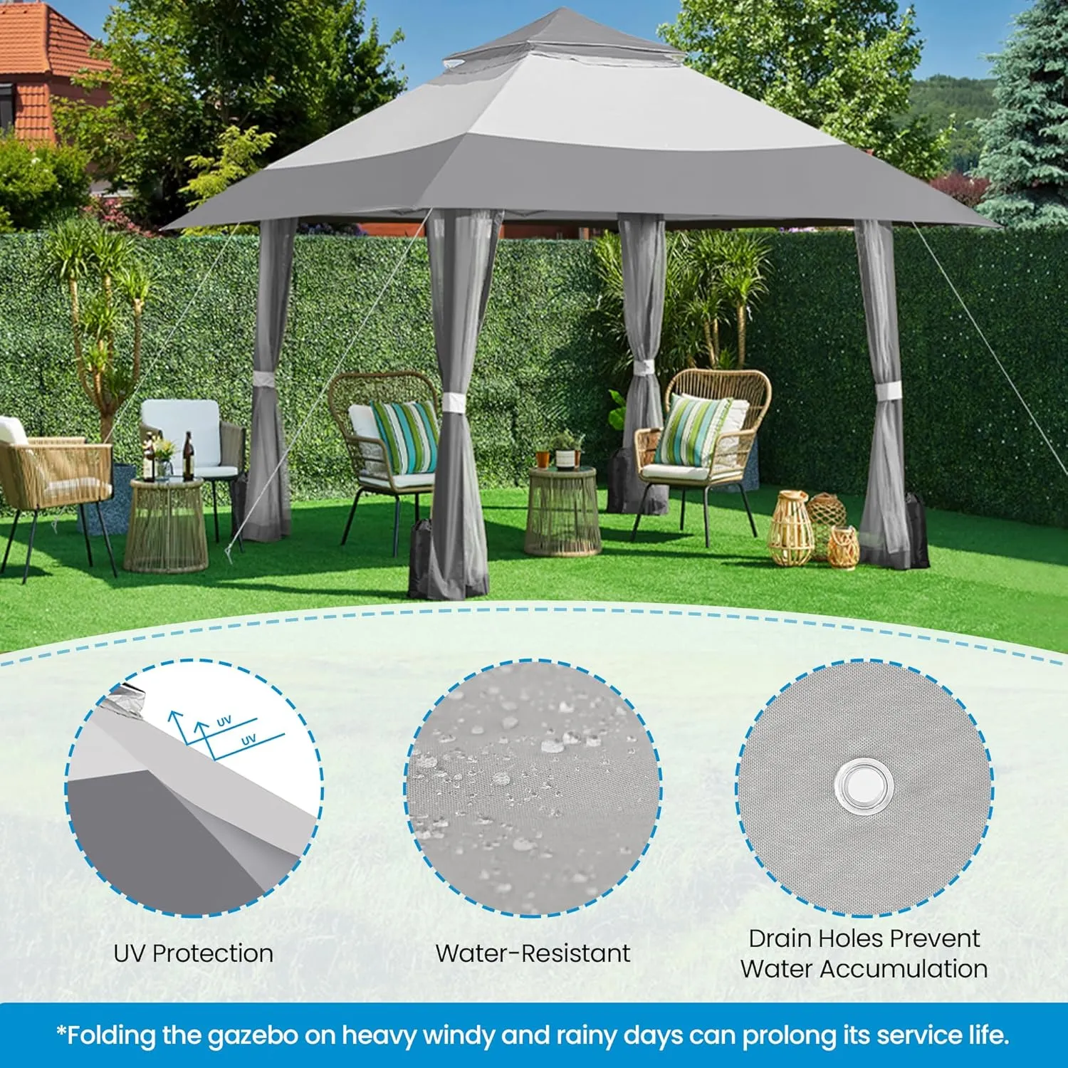 Yaheetech 13x13 Pop Up Gazebo Outdoor Canopy Shelter, Instant Patio Gazebo Sun Shade Canopy Tent with 4 Sandbags, Double Tiers & Mesh Netting for Lawn, Garden, Backyard & Deck, Gray