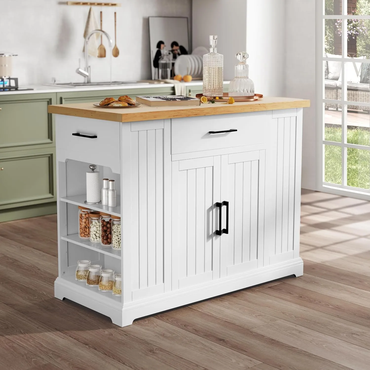 Yaheetech Rolling Kitchen Island Cart with 3 Drawers, Kitchen Storage Cabinet on Wheels with Open Shelves and Inner Adjustable Shelves for Dining Room/Living Room, Thicker Rubberwood Top, White