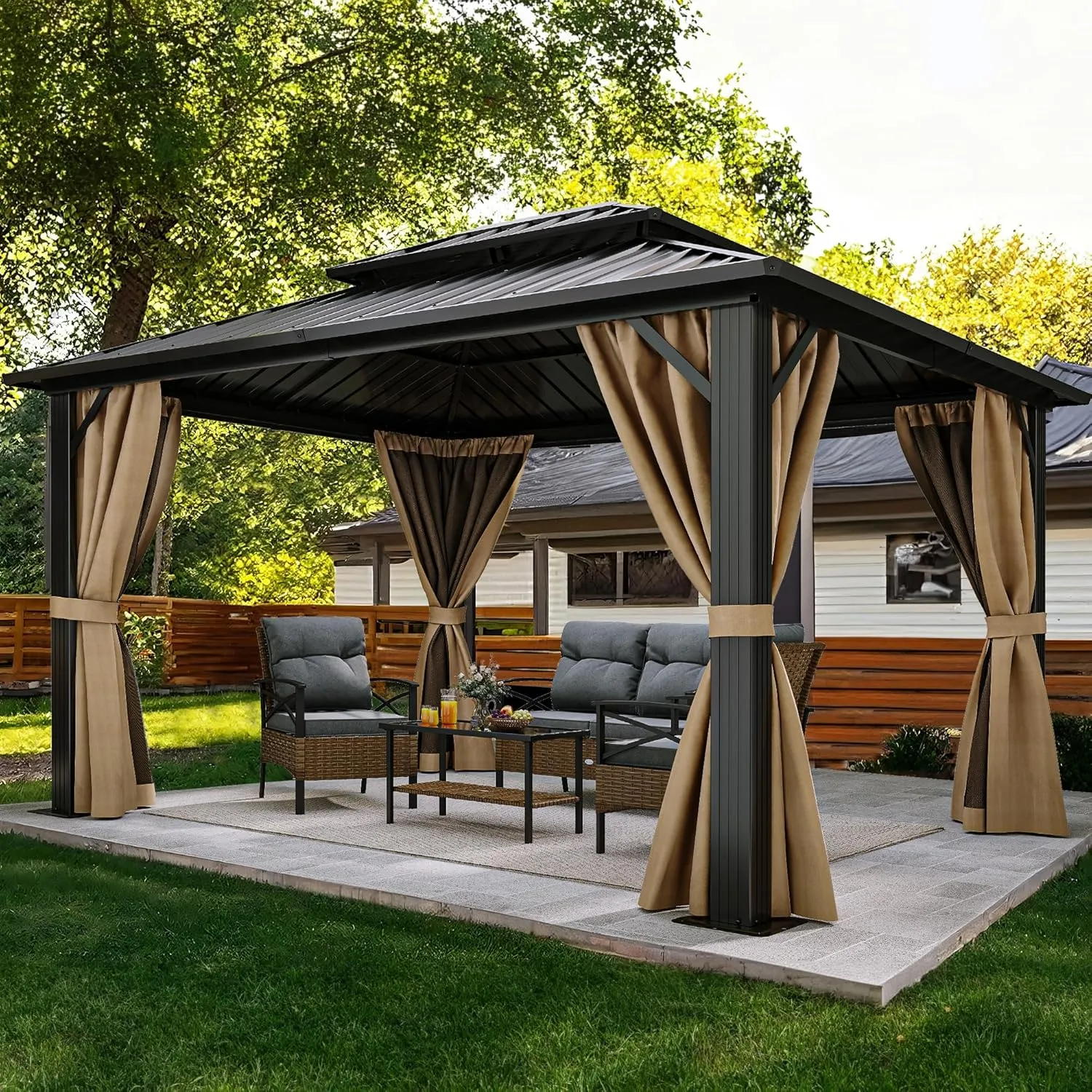 YITAHOME 10X12FT Hard Top Metal Gazebo Patios Double Roof Canopy Aluminum Frame Garden Gzebo Tent Curtains Netting for Patios Backyards Decks Lawns Brown