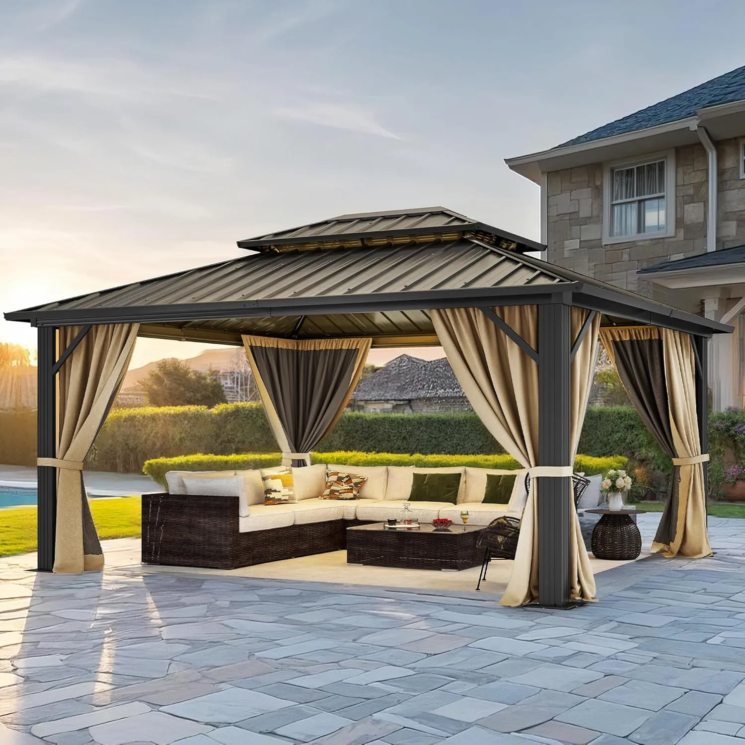 YITAHOME 10X12FT Hard Top Metal Gazebo Patios Double Roof Canopy Aluminum Frame Garden Gzebo Tent Curtains Netting for Patios Backyards Decks Lawns Brown