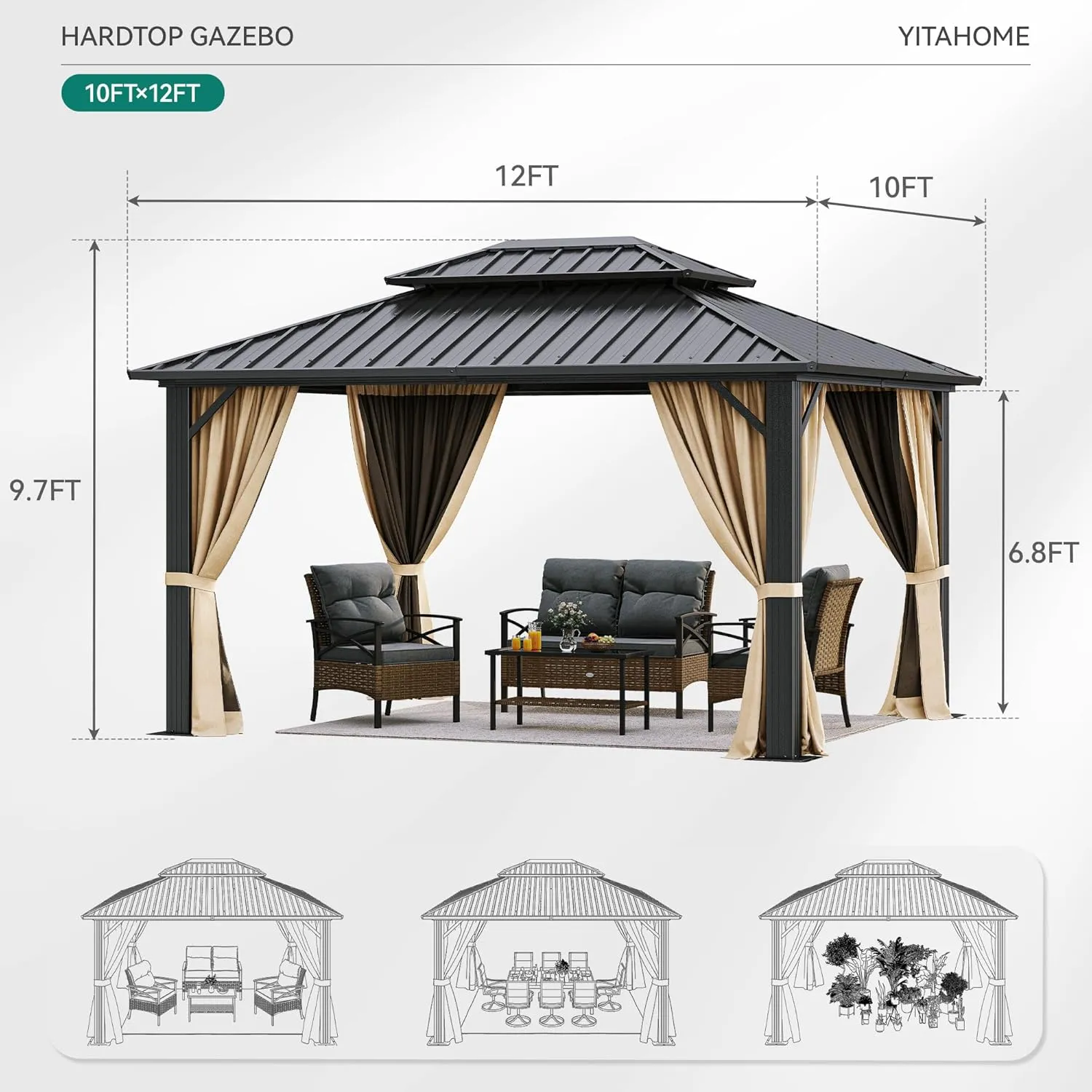 YITAHOME 10X12FT Hard Top Metal Gazebo Patios Double Roof Canopy Aluminum Frame Garden Gzebo Tent Curtains Netting for Patios Backyards Decks Lawns Brown