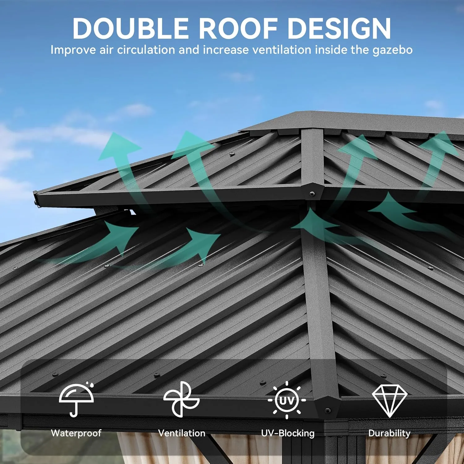 YITAHOME 10X12FT Hard Top Metal Gazebo Patios Double Roof Canopy Aluminum Frame Garden Gzebo Tent Curtains Netting for Patios Backyards Decks Lawns Brown