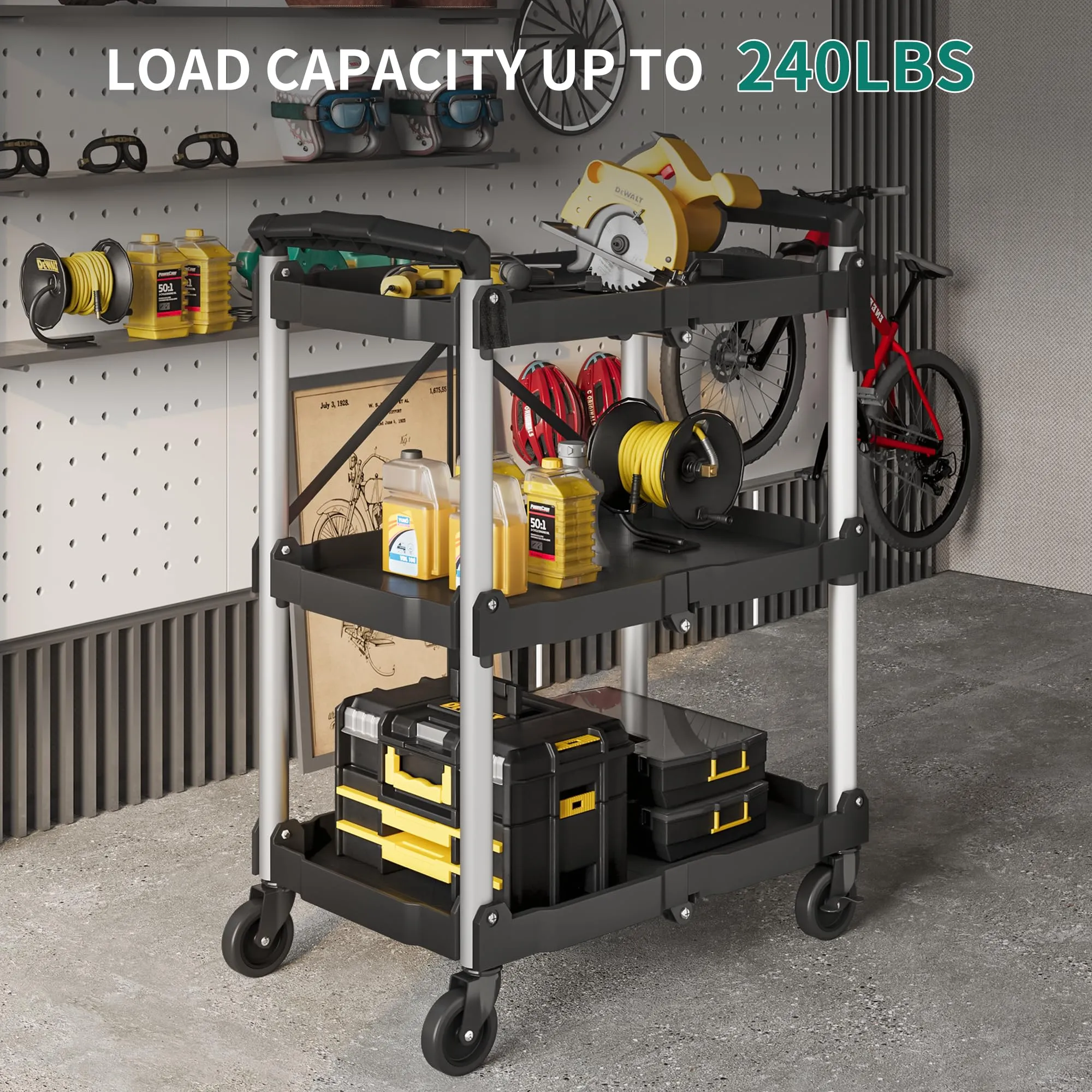 YITAHOME 240LBS Folding Utility Cart with Wheels, Foldable Utility Service Cart 3 Tier Collapsible Rolling Cart with 360°Swivel Wheels (2 with Brakes), Portable Cart for Home Garage Restaurant Office