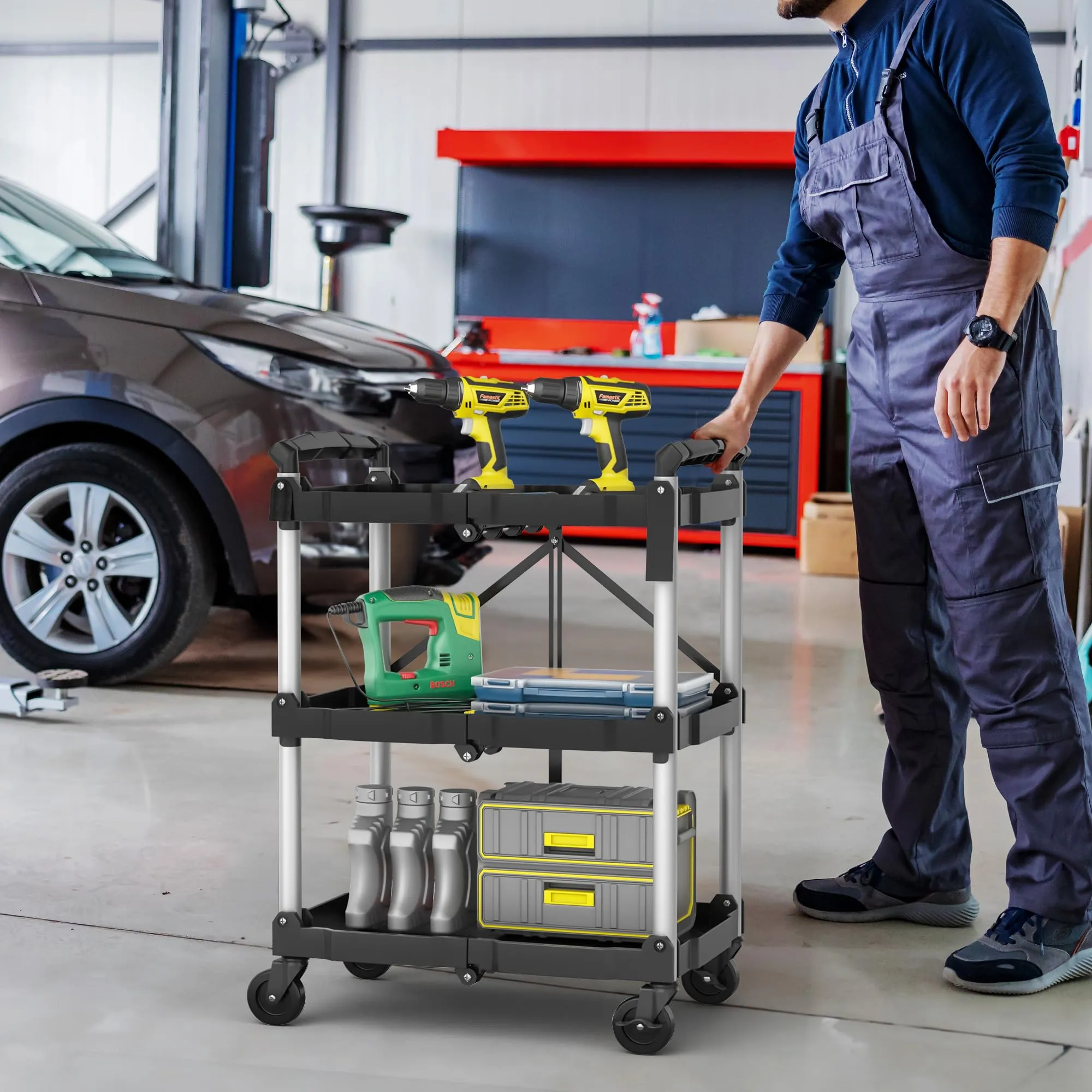 YITAHOME 240LBS Folding Utility Cart with Wheels, Foldable Utility Service Cart 3 Tier Collapsible Rolling Cart with 360°Swivel Wheels (2 with Brakes), Portable Cart for Home Garage Restaurant Office