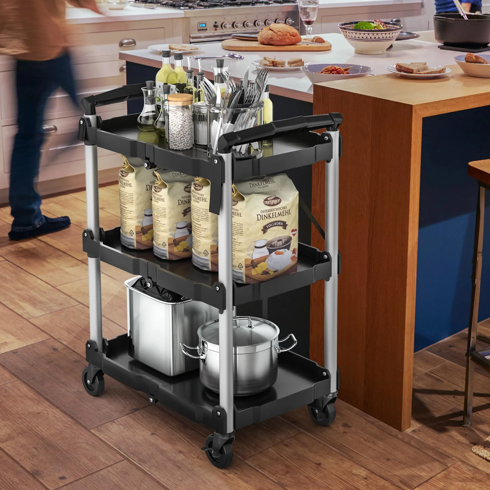 YITAHOME 240LBS Folding Utility Cart with Wheels, Foldable Utility Service Cart 3 Tier Collapsible Rolling Cart with 360°Swivel Wheels (2 with Brakes), Portable Cart for Home Garage Restaurant Office