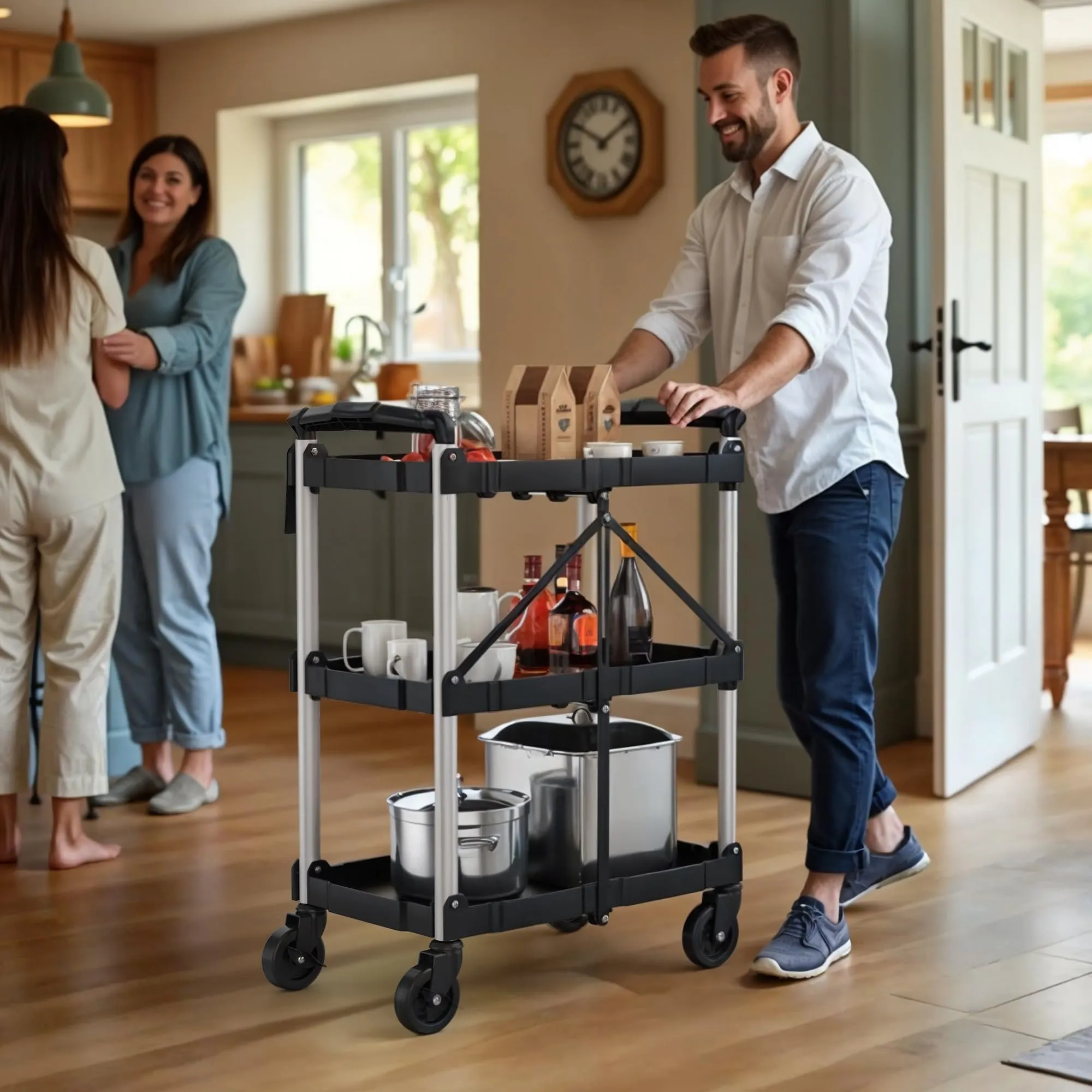 YITAHOME 240LBS Folding Utility Cart with Wheels, Foldable Utility Service Cart 3 Tier Collapsible Rolling Cart with 360°Swivel Wheels (2 with Brakes), Portable Cart for Home Garage Restaurant Office
