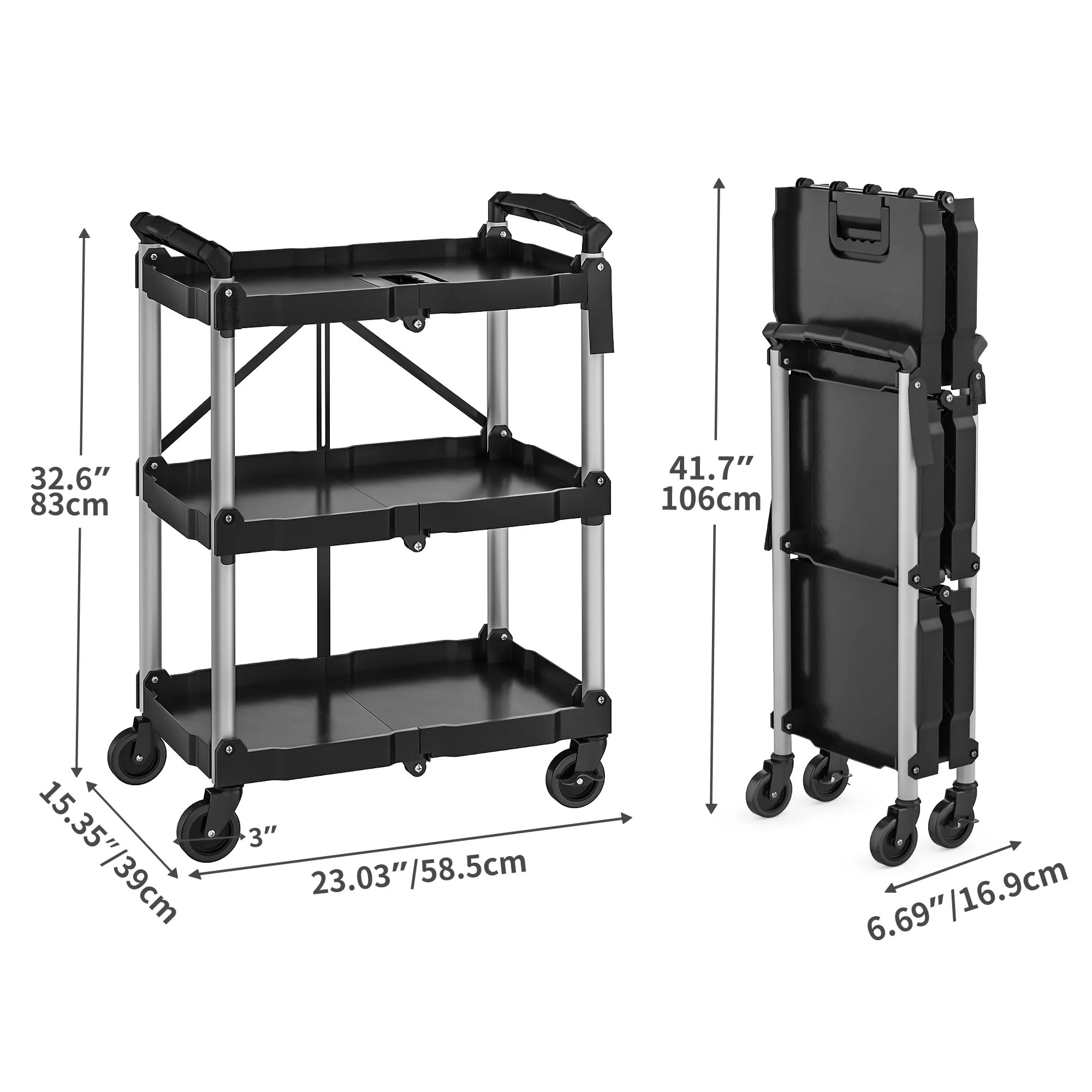 YITAHOME 240LBS Folding Utility Cart with Wheels, Foldable Utility Service Cart 3 Tier Collapsible Rolling Cart with 360°Swivel Wheels (2 with Brakes), Portable Cart for Home Garage Restaurant Office