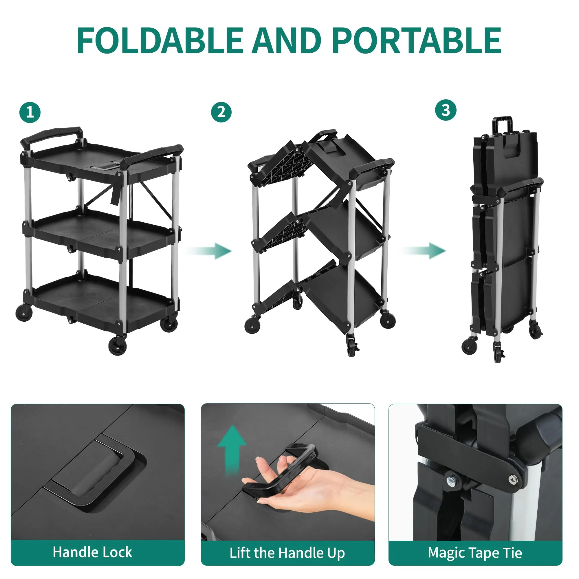 YITAHOME 240LBS Folding Utility Cart with Wheels, Foldable Utility Service Cart 3 Tier Collapsible Rolling Cart with 360°Swivel Wheels (2 with Brakes), Portable Cart for Home Garage Restaurant Office