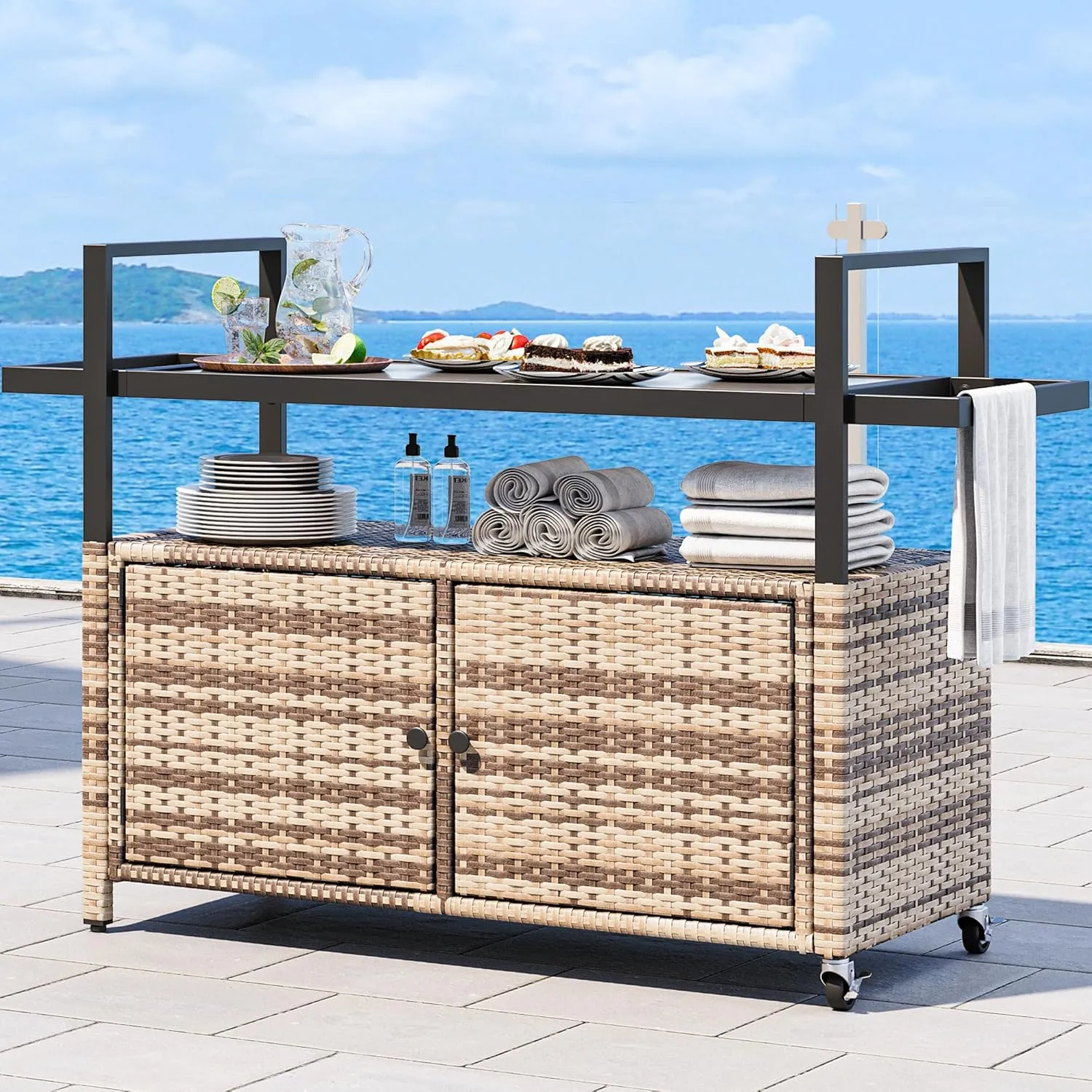 YITAHOME Large Outdoor Kitchen Wicker Island Rolling Cart & Patio Bar Table, w/Wheels and Black Glass Table Top Backyard and Poolside Light Brown