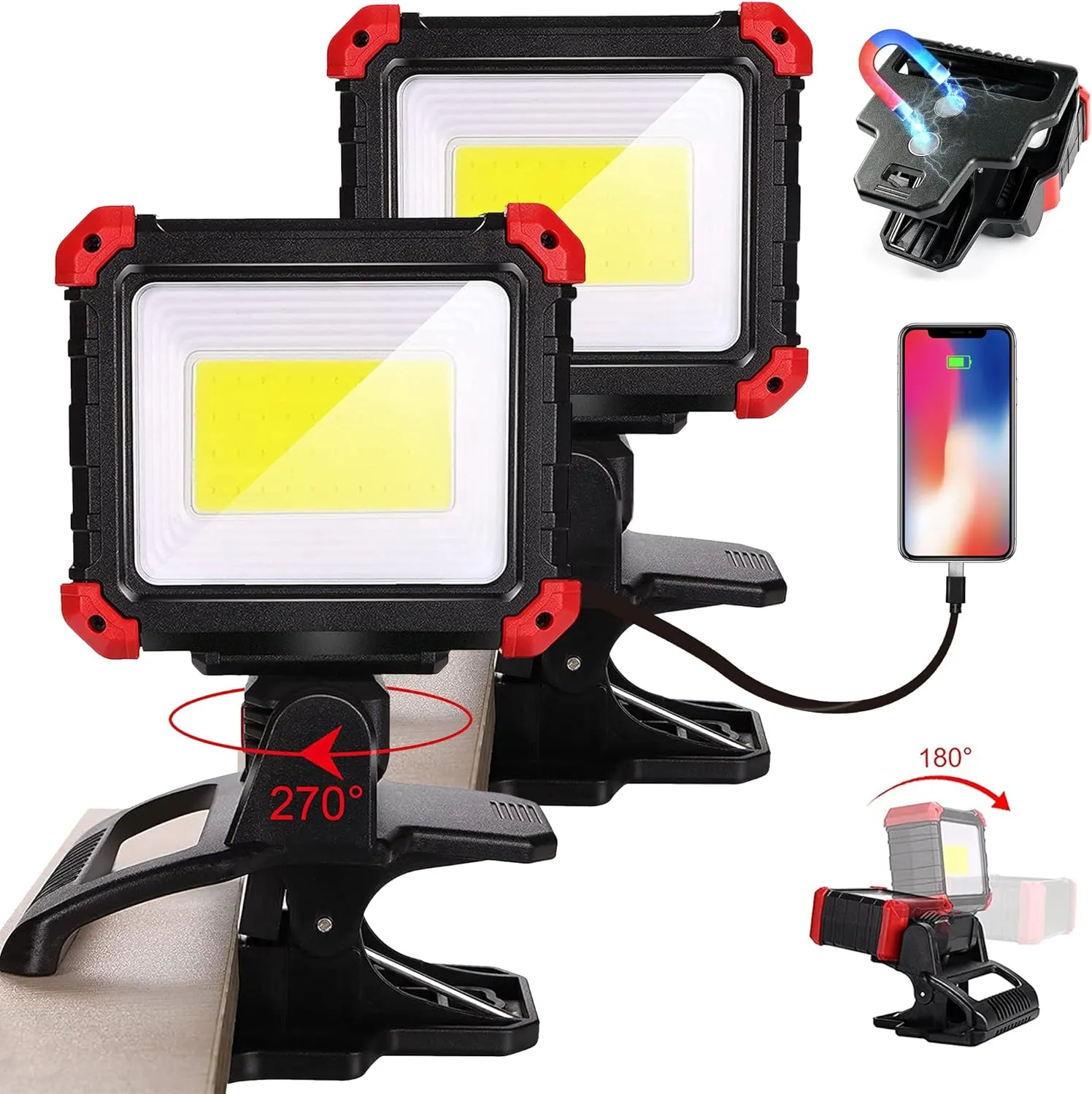 Yls 2pack LED Work Light, 2100LM Rechargeable COB Magnetic Clip on Work Light with 3 Light Modes, 270°& 180°Rotatable Portable Clamp Worklight for Car Repairs, Grilling, Camping, Emergency Use