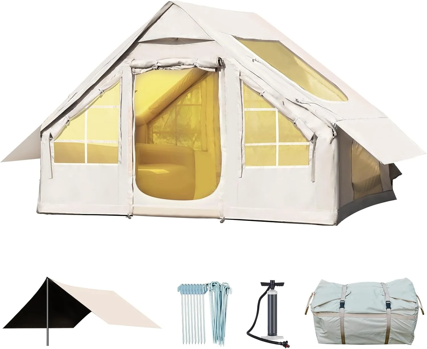 Yoleny 4/6/8/10/12 Person Inflatable Camping Tent with Extended Canopy, Mesh Windows & Pump, 4 Season Glamping Tent with 1-2 Room, Upgraded Waterproof Oxford, Easy Setup
