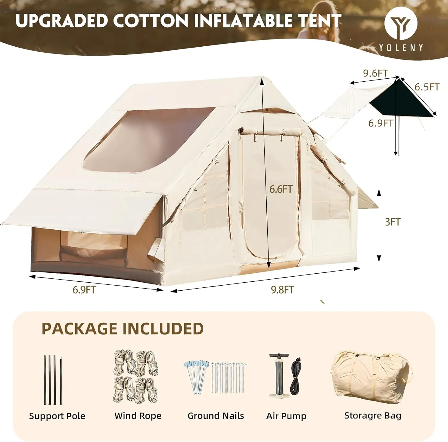 Yoleny 4/6/8/10/12 Person Inflatable Camping Tent with Extended Canopy, Mesh Windows & Pump, 4 Season Glamping Tent with 1-2 Room, Upgraded Waterproof Oxford, Easy Setup