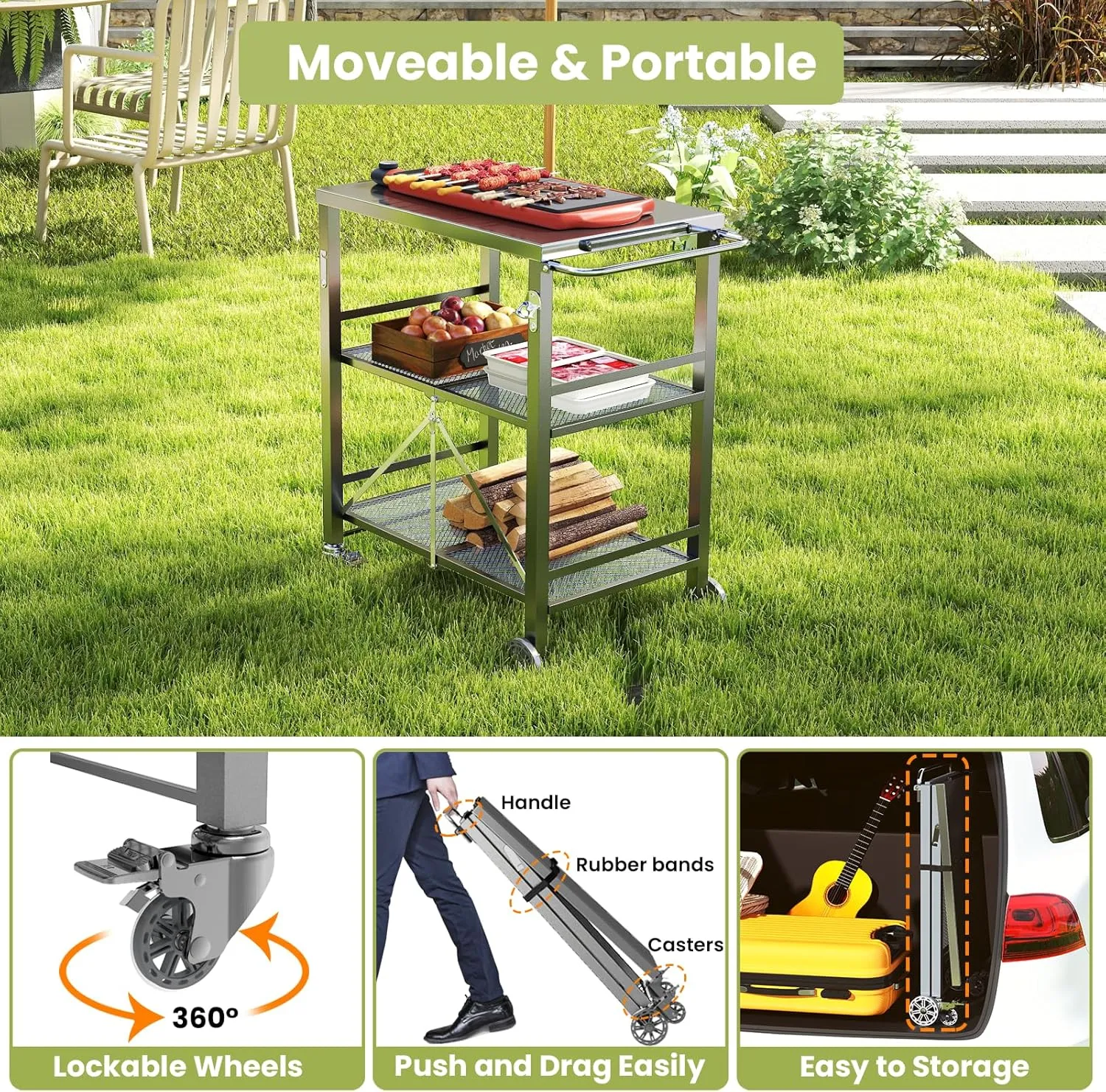 YORKING Foldable Outdoor Grill Cart, Stainless Steel 3 Tier Kitchen Cart with 2 Lock Wheels, Moveable BBQ Table Kitchen Island with Tool Hooks, Bottle Opener, for Home Party, Bar, Camping, Grey