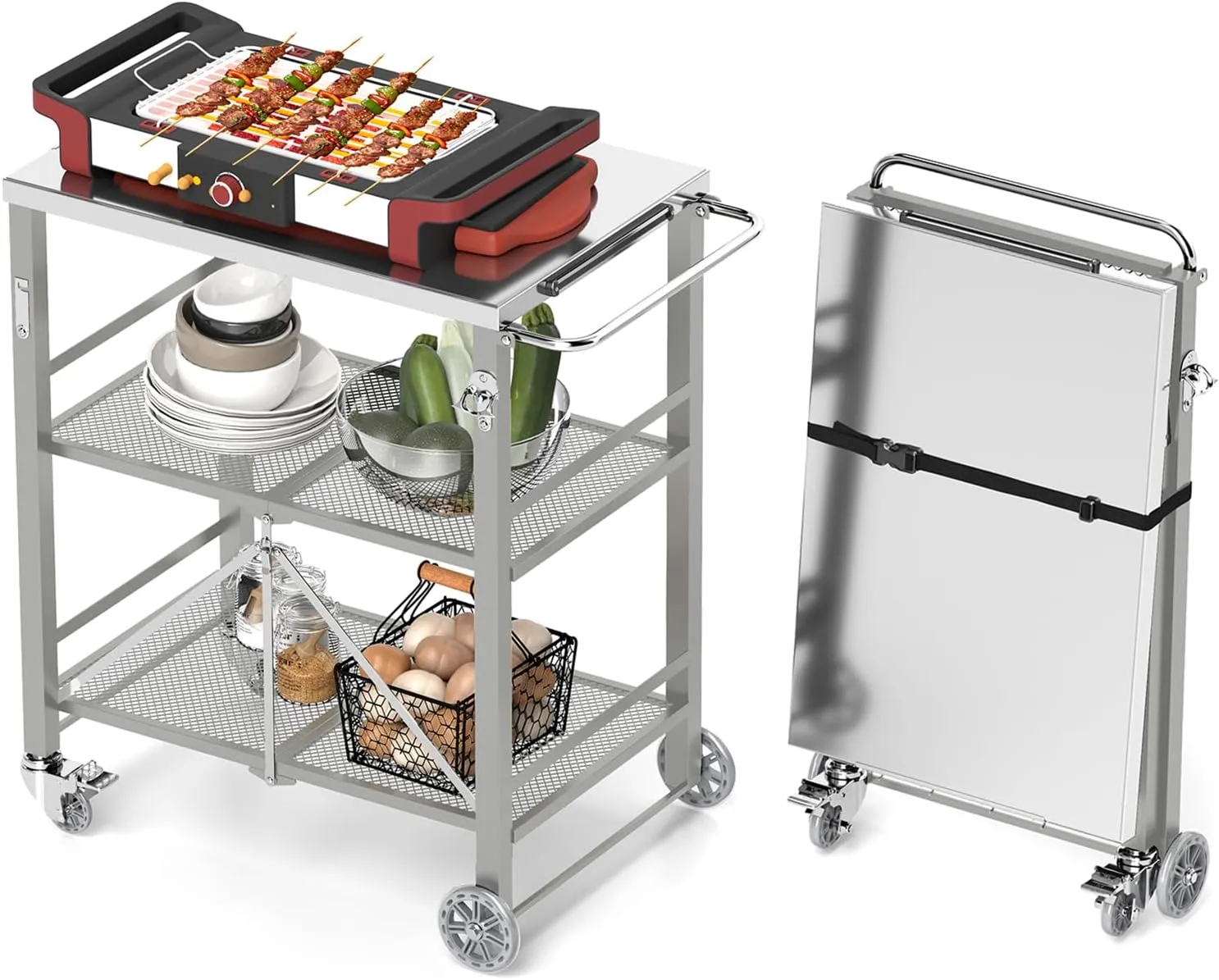 YORKING Foldable Outdoor Grill Cart, Stainless Steel 3 Tier Kitchen Cart with 2 Lock Wheels, Moveable BBQ Table Kitchen Island with Tool Hooks, Bottle Opener, for Home Party, Bar, Camping, Grey