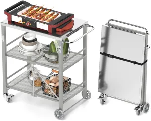 YORKING Foldable Outdoor Grill Cart, Stainless Steel 3 Tier Kitchen Cart with 2 Lock Wheels, Moveable BBQ Table Kitchen Island with Tool Hooks, Bottle Opener, for Home Party, Bar, Camping, Grey