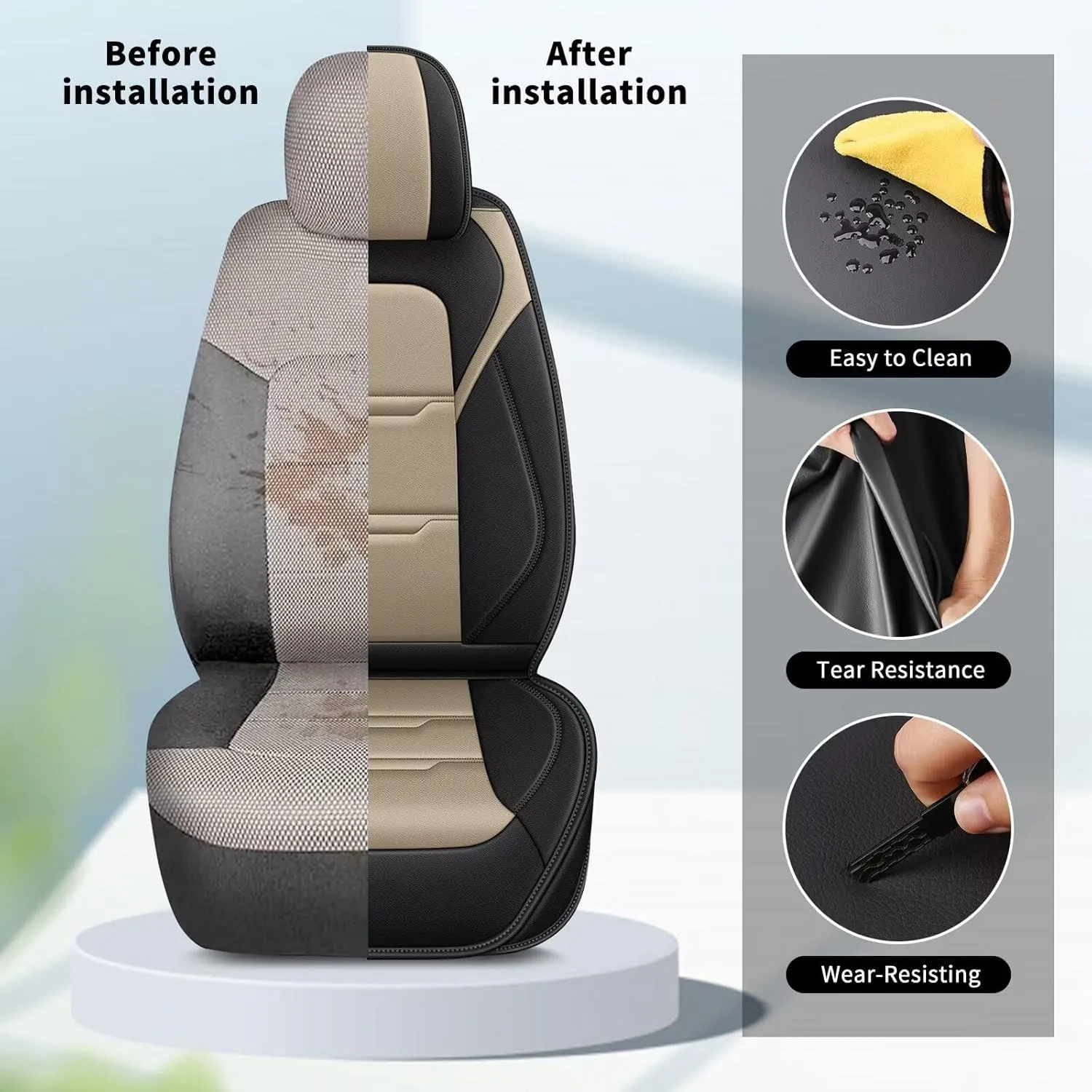 YORKNEIC 2 Front Car Seat Covers for Lincoln MKC 2015-2019 Faux Leather Waterproof Seat Covers Automotive Seat Protectors Cushions with Airbag Compatible(2 Front Seat,Black&Beige)