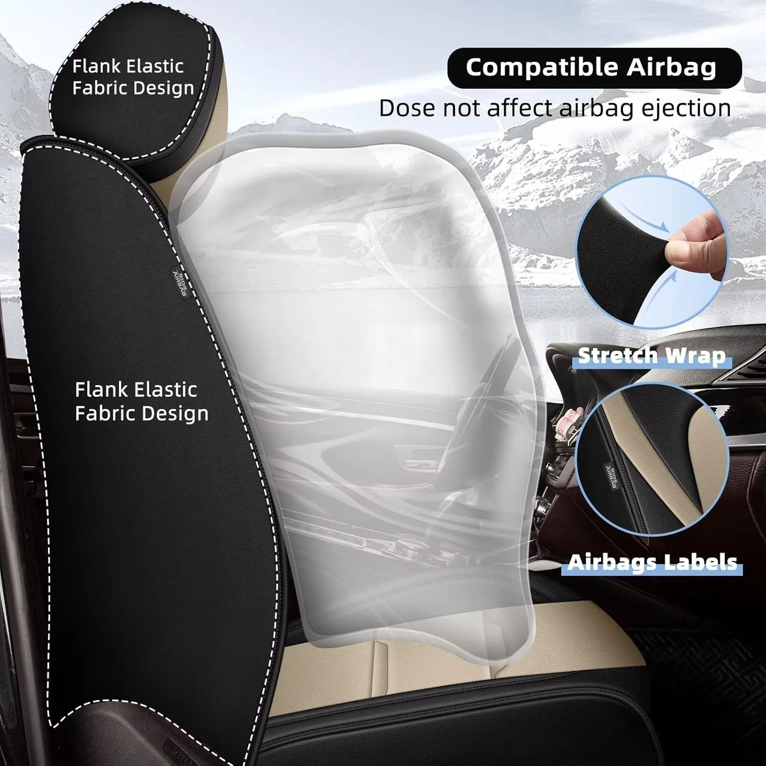 YORKNEIC 2 Front Car Seat Covers for Lincoln MKC 2015-2019 Faux Leather Waterproof Seat Covers Automotive Seat Protectors Cushions with Airbag Compatible(2 Front Seat,Black&Beige)