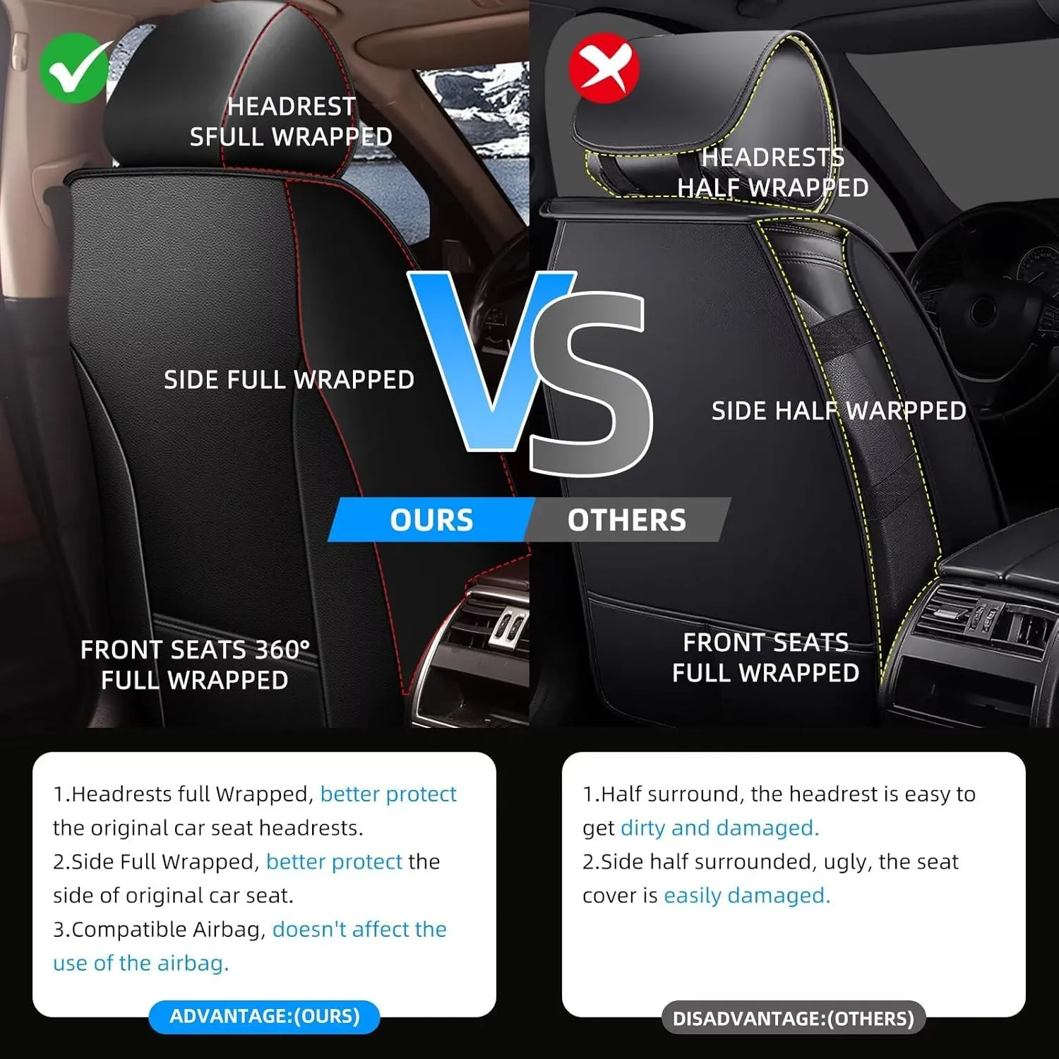 YORKNEIC 2 Front Car Seat Covers for Lincoln MKC 2015-2019 Faux Leather Waterproof Seat Covers Automotive Seat Protectors Cushions with Airbag Compatible(2 Front Seat,Black&Beige)