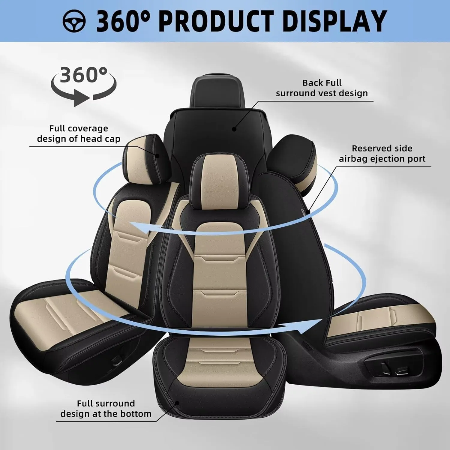 YORKNEIC 2 Front Car Seat Covers for Lincoln MKC 2015-2019 Faux Leather Waterproof Seat Covers Automotive Seat Protectors Cushions with Airbag Compatible(2 Front Seat,Black&Beige)