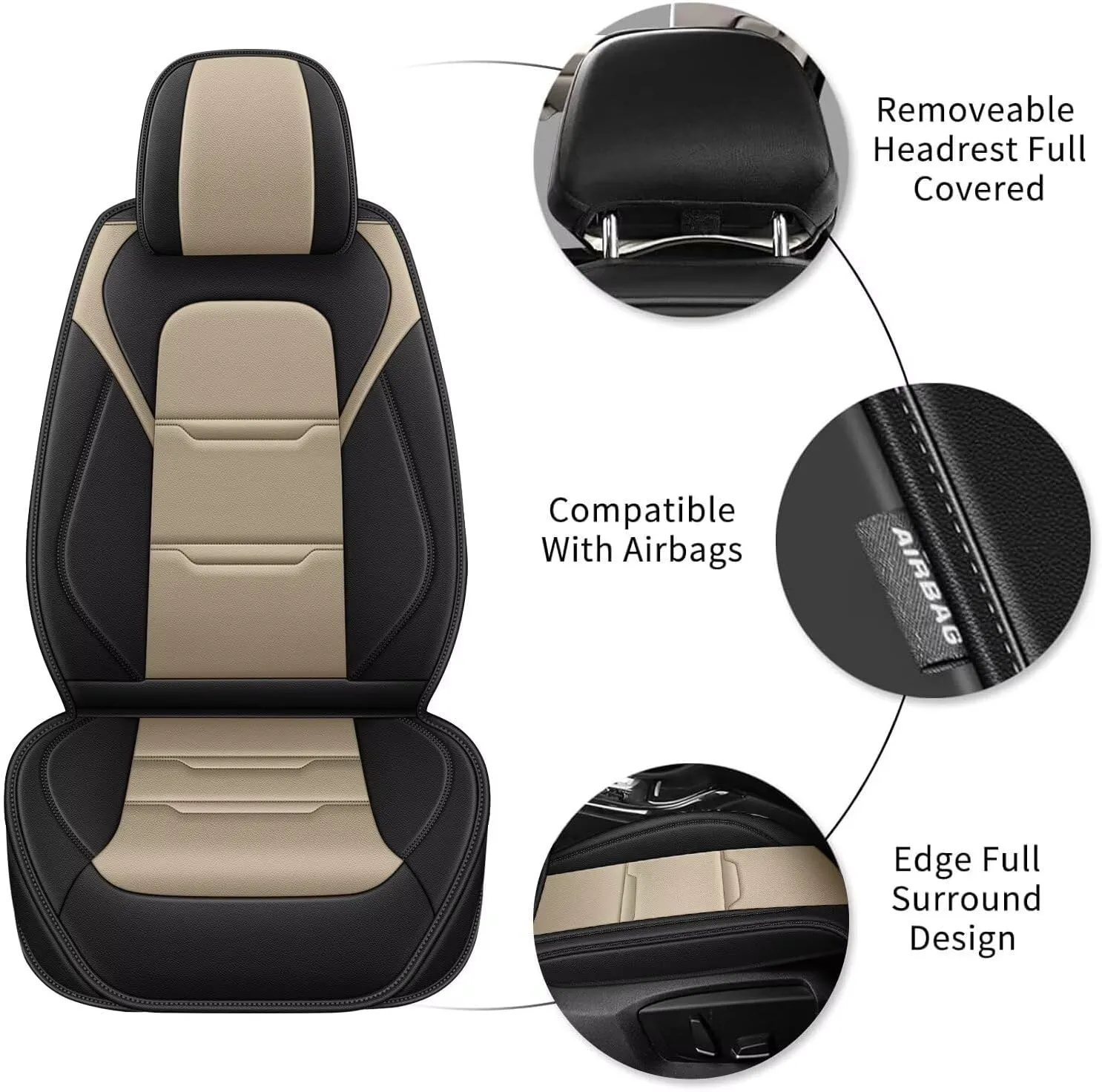 YORKNEIC 2 Front Car Seat Covers for Lincoln MKC 2015-2019 Faux Leather Waterproof Seat Covers Automotive Seat Protectors Cushions with Airbag Compatible(2 Front Seat,Black&Beige)