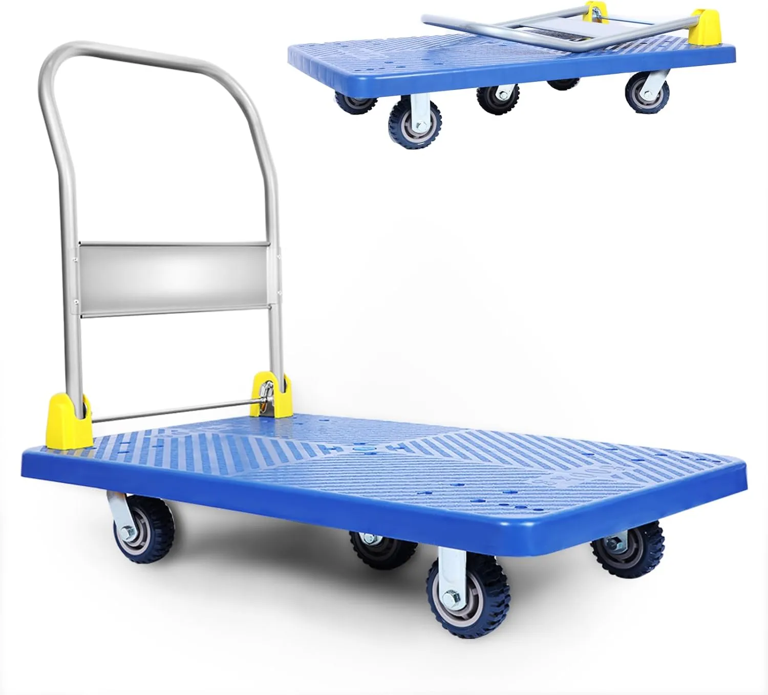 YSSOA Platform Truck with 1320lb Weight Capacity and 360 Degree Swivel Wheels, Foldable Push Hand Cart for Loading and Storage, Blue