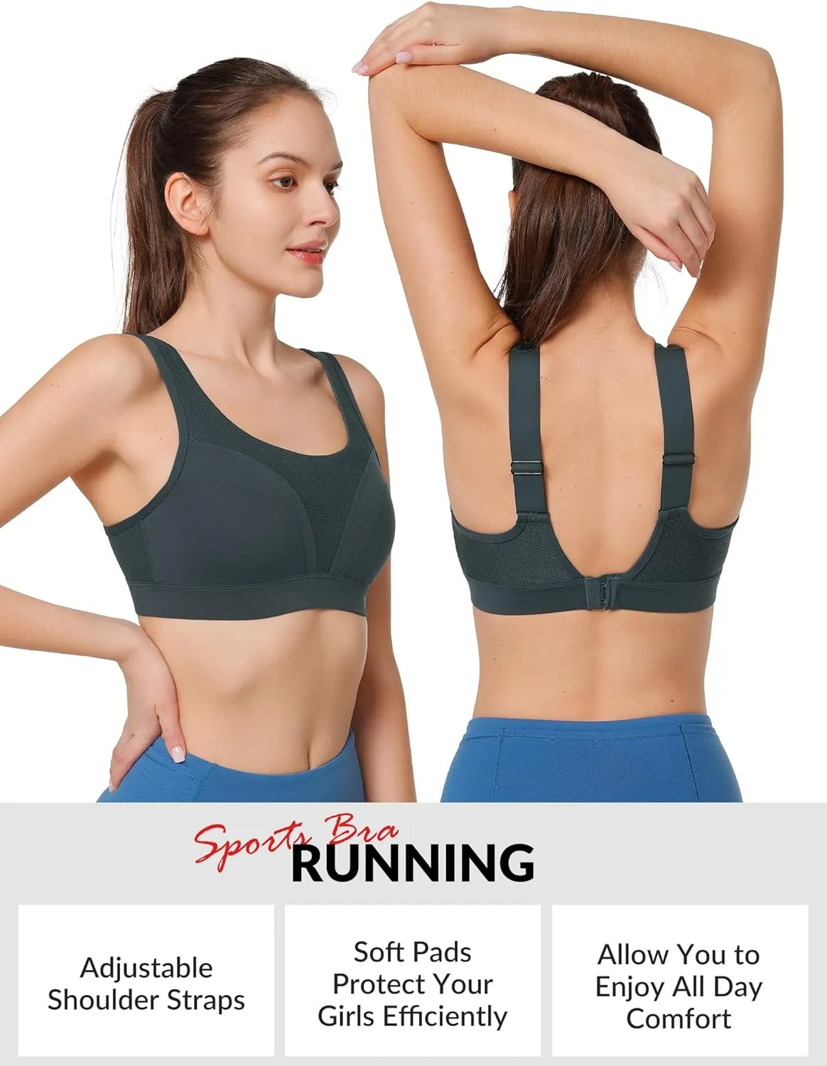 Yvette Adjustable Molded Cup Supportive Sports Bras - High Impact Wireless Bra for Large Breasts