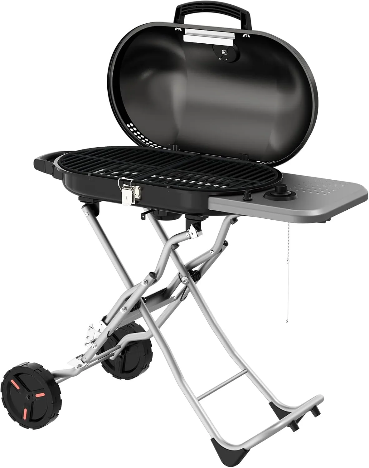 ZAFRO Portable Stand-Up Propane Grill with Top Cover Lid, Foldable Barbecue Gas Grill Cart with Side Table & 2 Wheels for Camping, Patio, Parties, Black