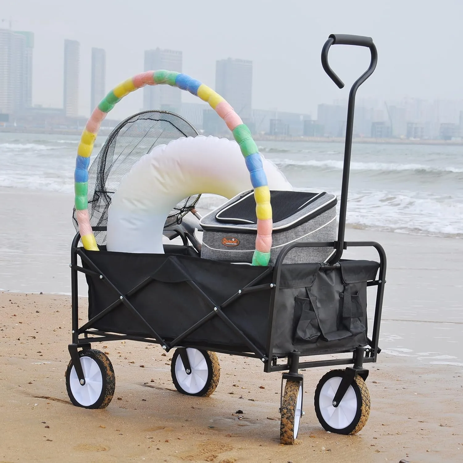 ZeHuoGe Outdoor Collapsible Utility Wagon Cart with Cup Holder, Heavy Duty Foldable Cart, for Activities, Parks, Camping (Black)