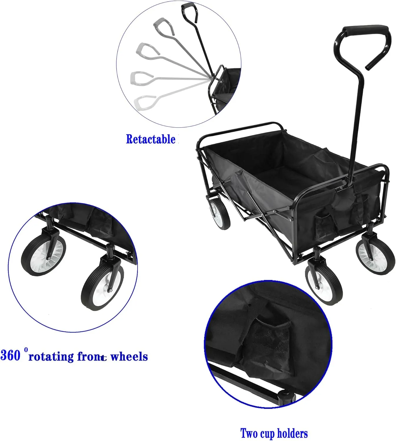 ZeHuoGe Outdoor Collapsible Utility Wagon Cart with Cup Holder, Heavy Duty Foldable Cart, for Activities, Parks, Camping (Black)