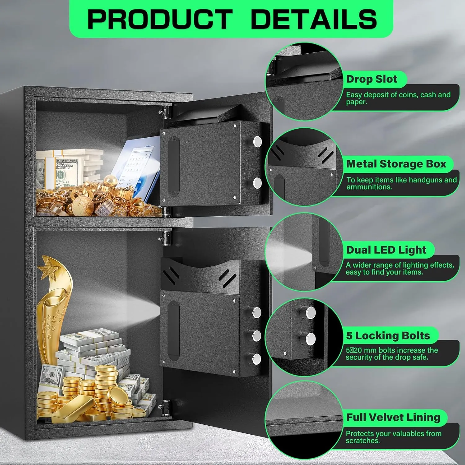 ZenithZest 6.0 Cub Large Safe with Depository Drop Slot and Fireproof Waterproof Bag, Double Door Biometric Home Safe for Documents, Cash, Jewelry & Valuables